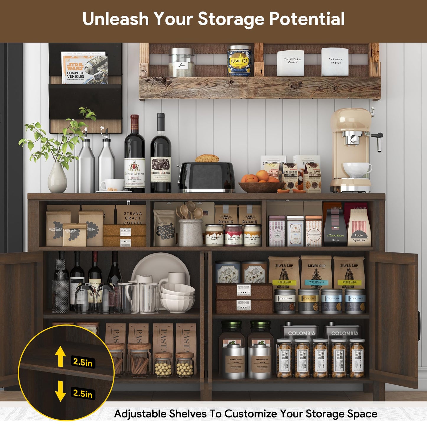 knoworld Buffet Sideboard with Storage Farmhouse with 4 Doors, 55'' Large Kitchen Storage Cabinet Wood Coffee Bar Cabinet Buffet Table with Shelves for Kitchen, Dining Room, Entryway (Brown, 55in)