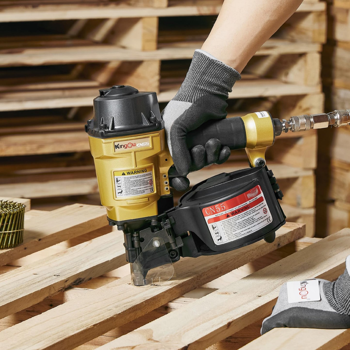 Kingou CN55 Coil Siding Nailer Gun For Wooden Pallet Accepts 1 Inch To 2-1/4-Inch Nails With 1/4 NPT Air Connector 300-400pcs Load Capacity Coil Nailer Coil Nail Gun For Wooden Box Packing