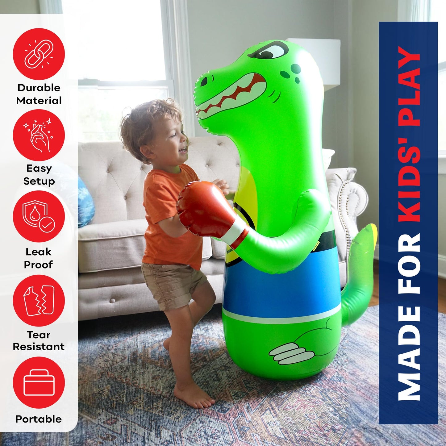Preferred Toys 47" Inflatable Dinosaur Punching Bag for Kids - Durable Blow Up Kids Punching Bag with Bounce Back Base - Inflatable Indoor Outdoor Active Toddler Bop Play Toy - Green