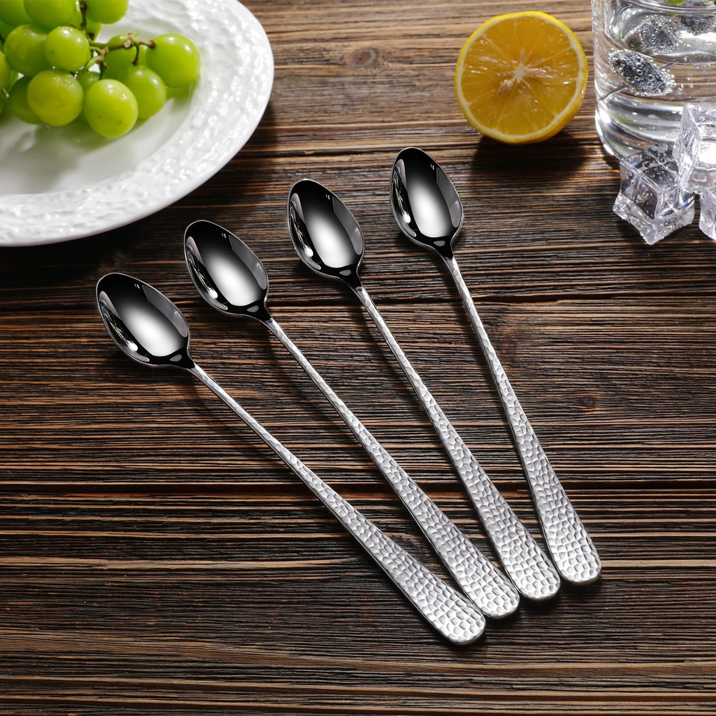 KEAWELL Premium Louise Hammered Long Handle Iced Tea Spoons: 4-Piece/8-Piece Set, 18/10 Stainless Steel, Teaspoons, Coffee Spoons, Brightly Mirror-Polished, Dishwasher Safe (4, 9 inches)