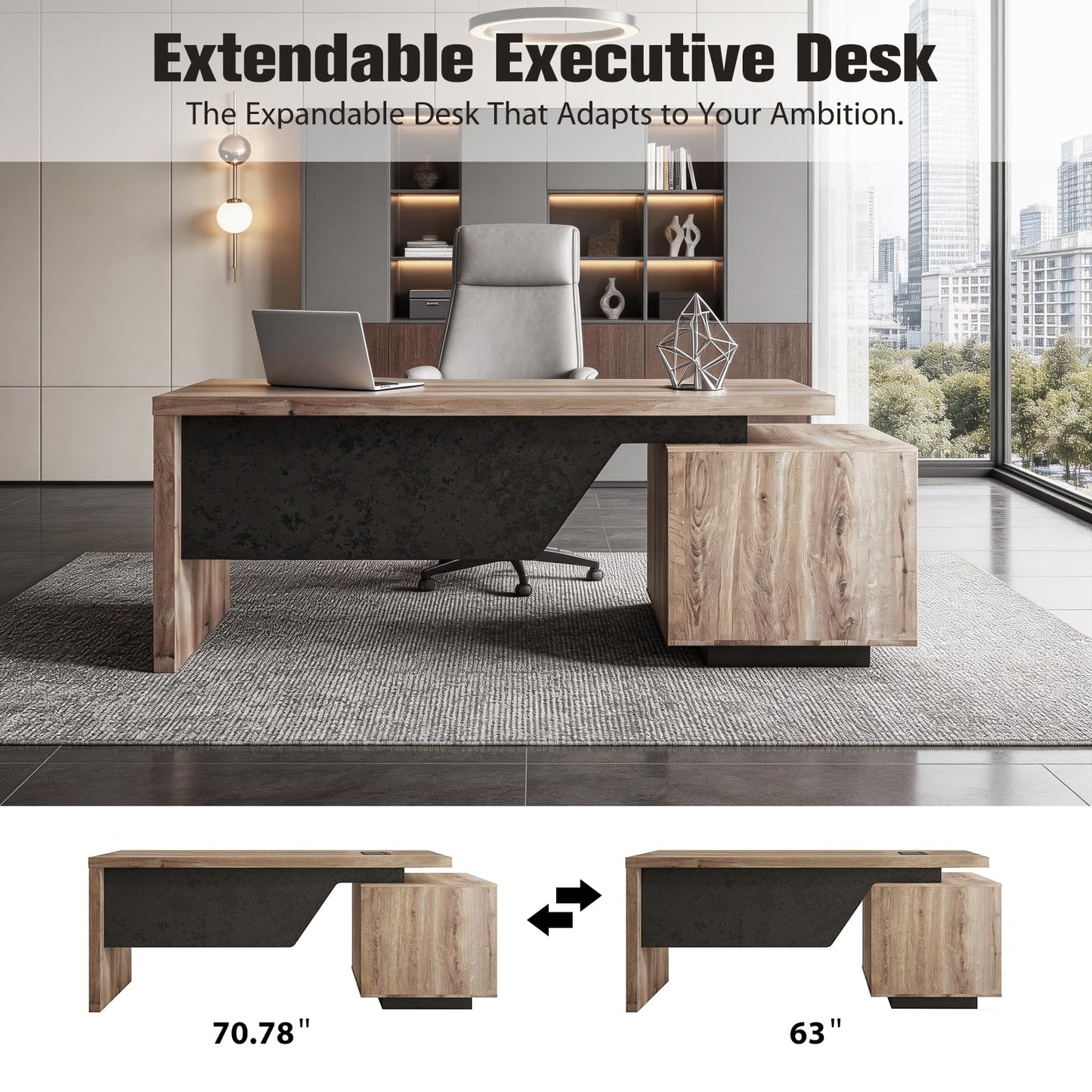 GT BLACK TURNSTONE Large Executive Desk 62.99" or 70.87", Modern Home Office Desk with 2 Drawers & Cable Management, Dual-Size Design Adapts to Any Layout for Home or Business (TH-X, Right)