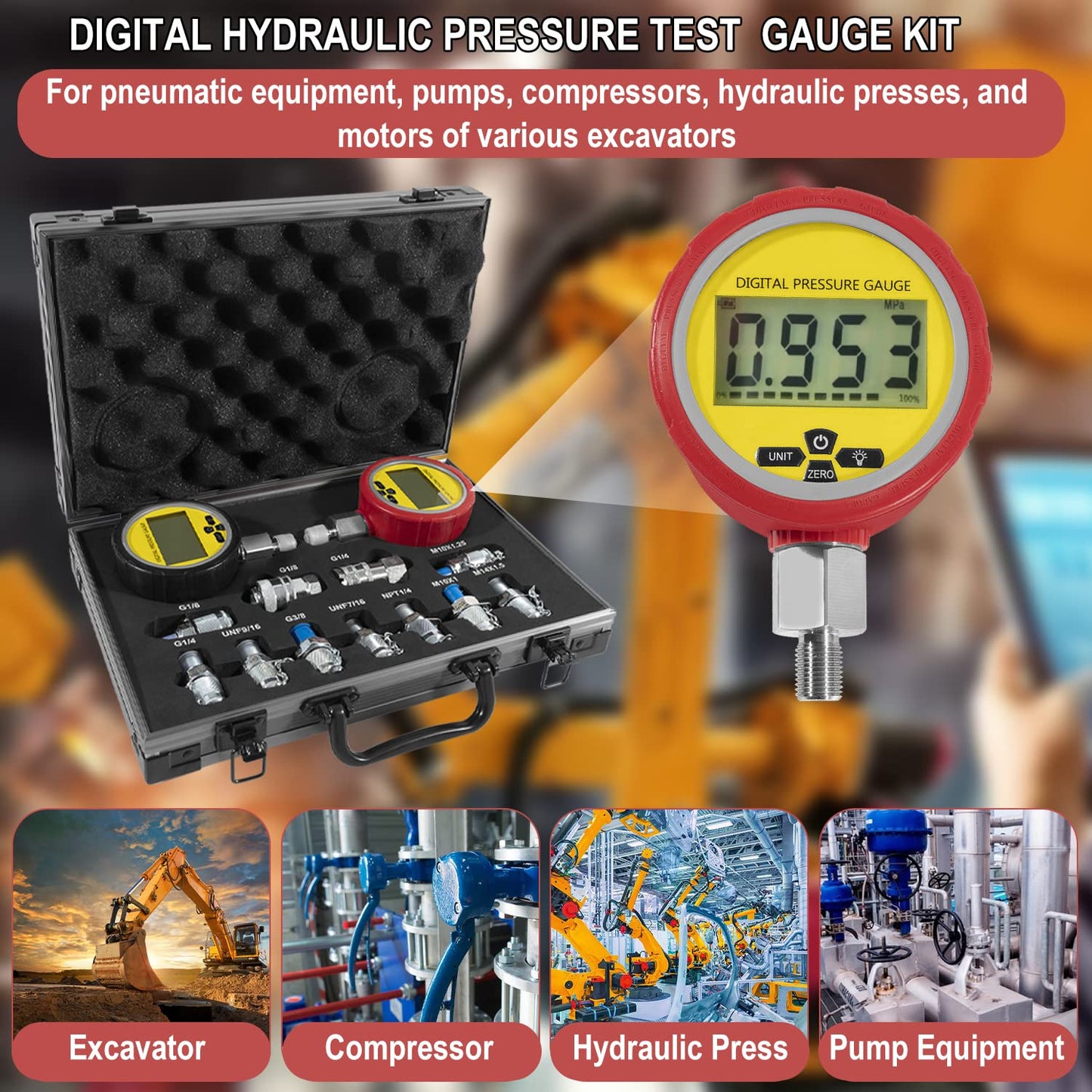 70M Hydraulic Pressure Test Checker Kit, w/ 10000PSI/70MPa Digital Pressure Gauges, 11 Couplings, 2 Test Hoses, Hydraulic Tester Coupling Kit for Excavator Construction Machinery Hydraulic Systems