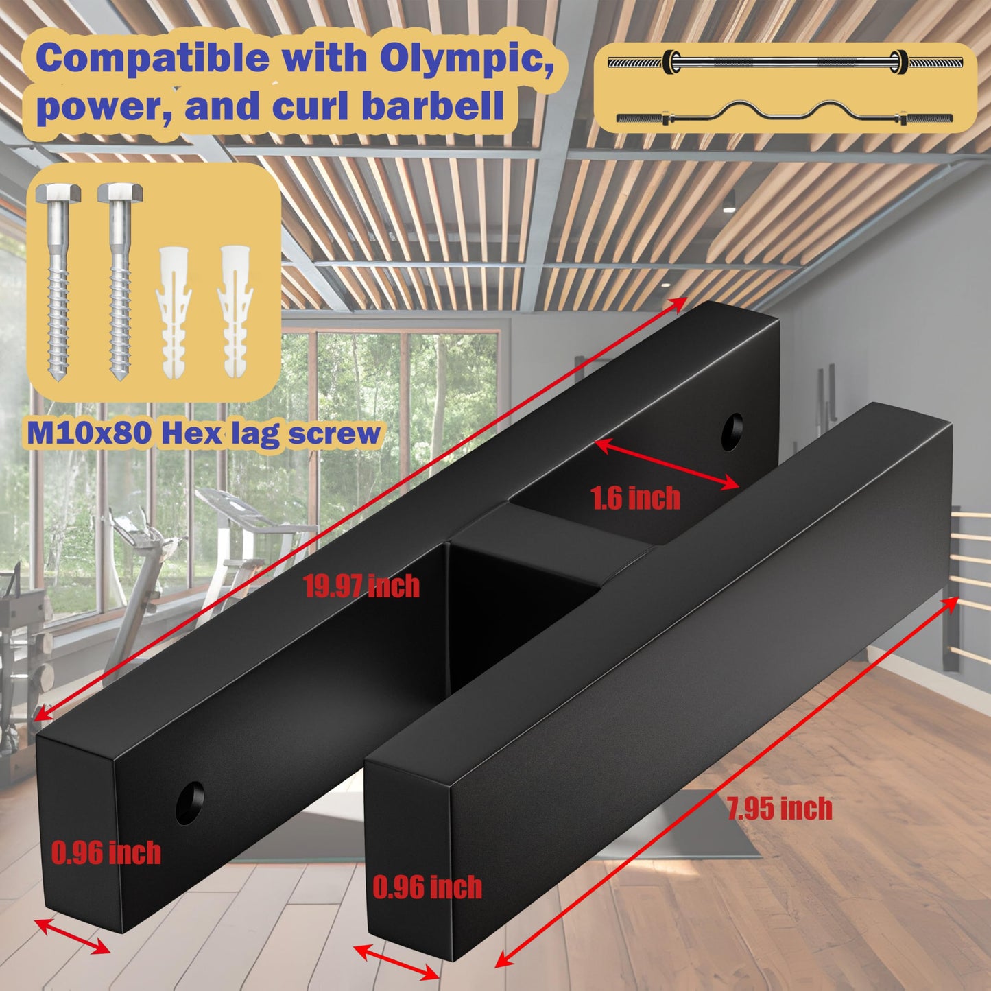 MIUONO Barbell Holder, Wall Mount Barbell Storage Hanger for Vertical Barbell Wall Rack, Garage Gym Olympic Bar Holder, Fits Under 40 mm Bar in Size, 1 Pack