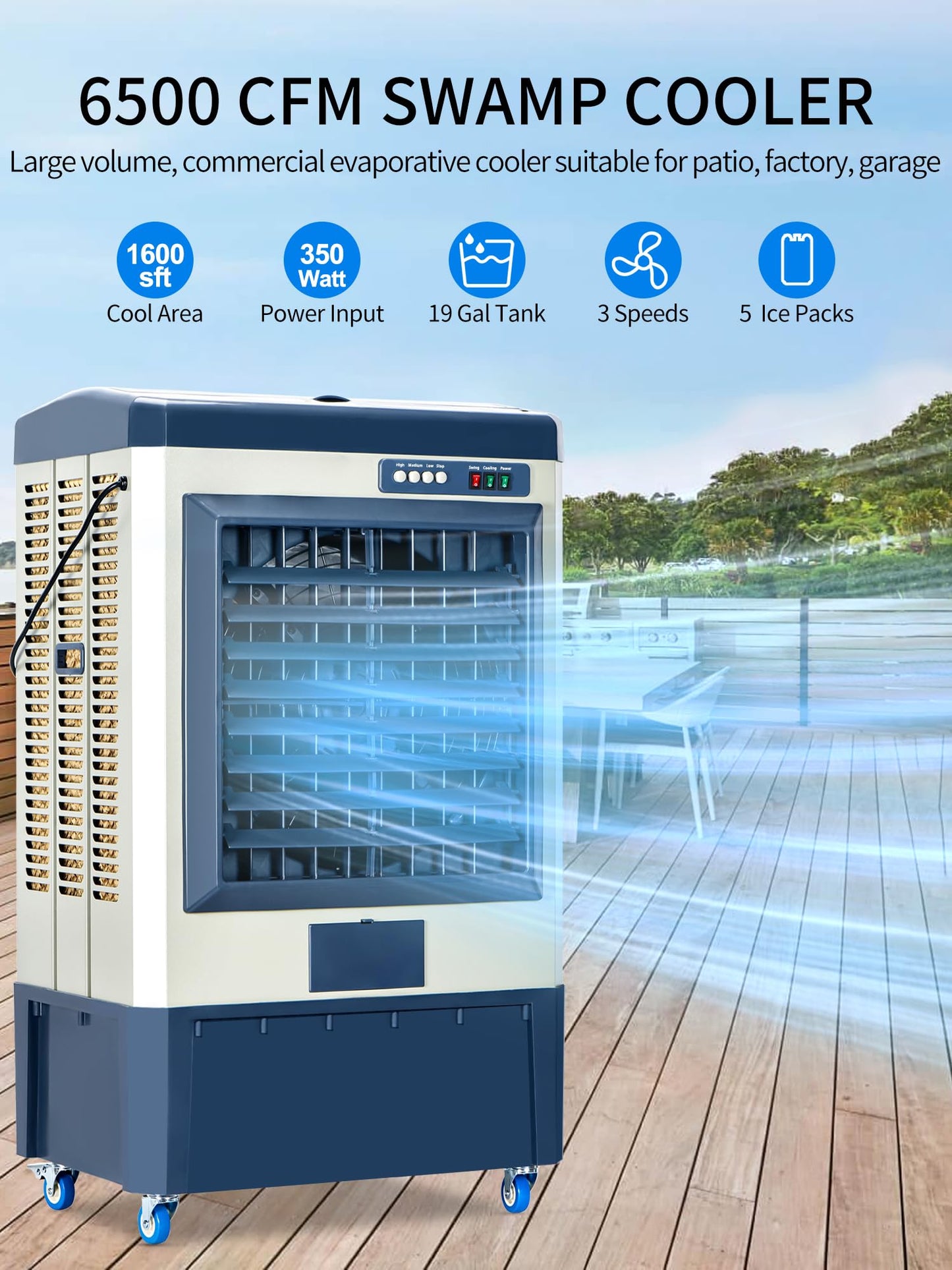 Uthfy 48" Swamp Cooler, 6500 CFM Evaporative Air Cooler with 19 Gallon Water Tank, Cooling Fan with 5 Ice Pack, 120° Oscillation, 3 Speed, Portable Outdoor Air Conditioner for Garage, Commercial Use