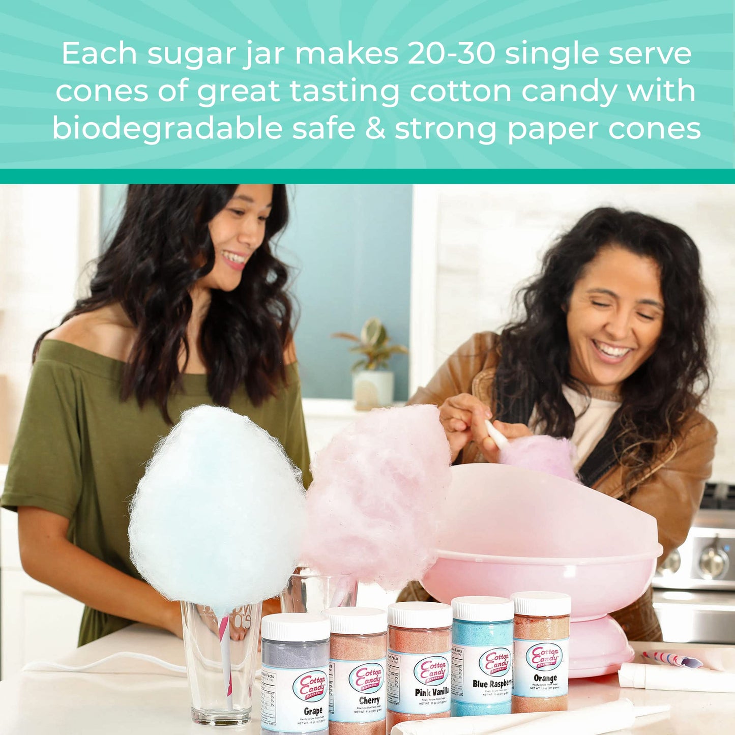 Cotton Candy Express Floss Sugar Variety Pack with 10 Total 11oz Plastic Jars Flossing Sugars bundled with Cotton Candy Express CC1000-S Cotton Candy Machine, Teal.