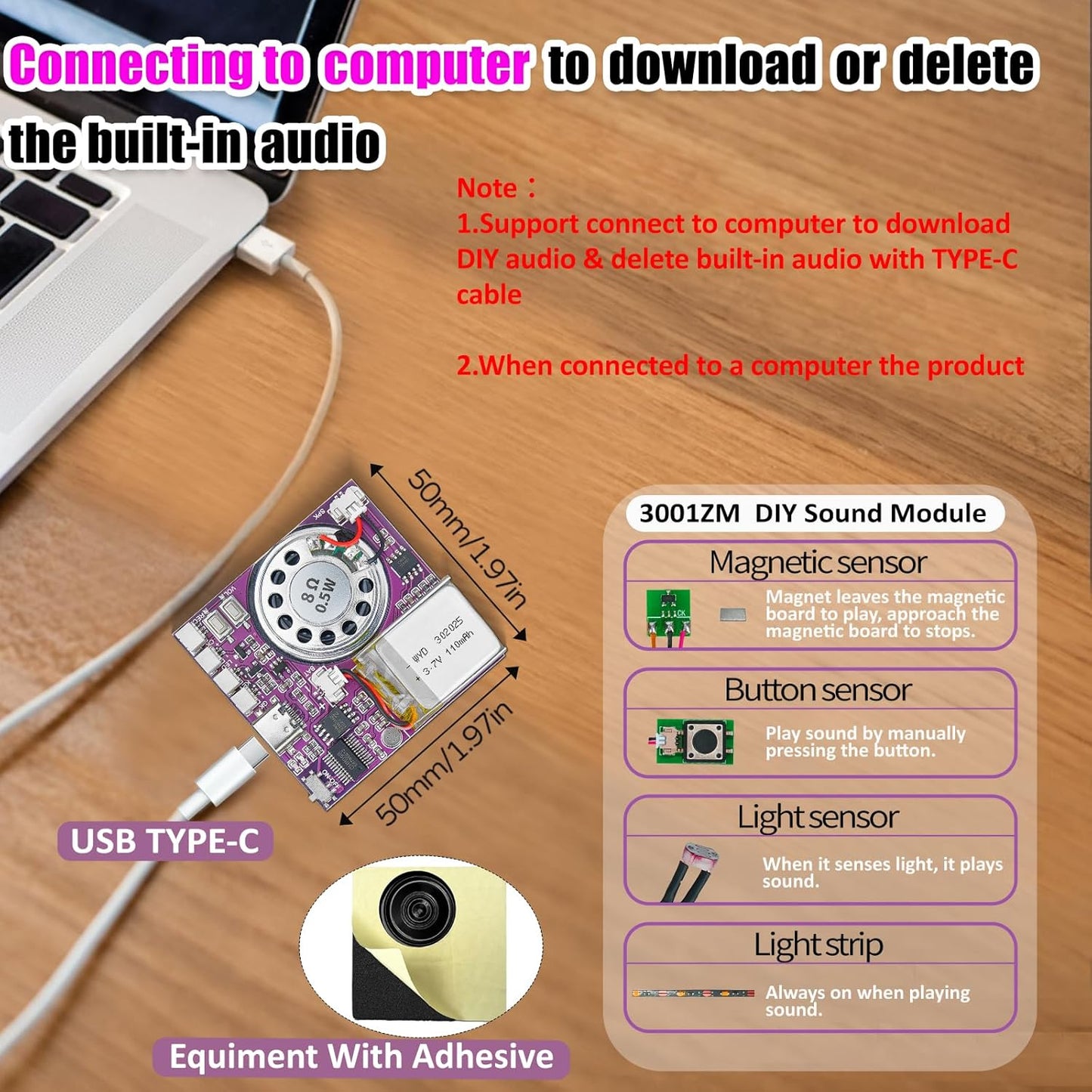 XLW 16MB Sound Module, Push Button, Magnetron, Light Control Activated Recordable Voice Sound Chip Module with LED