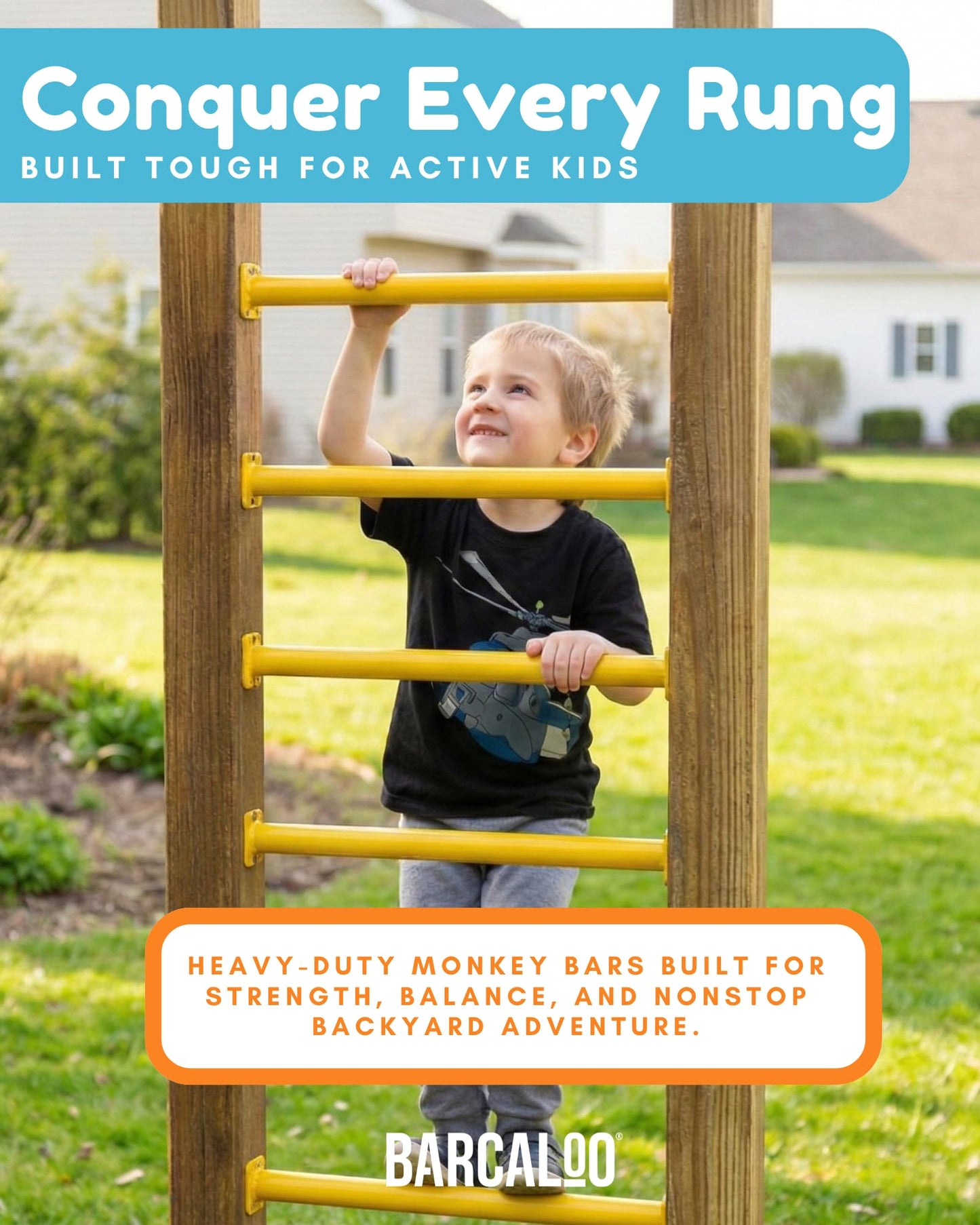 Barcaloo Playground Equipment Monkey Bars Playset Attachment - Set of 8 Yellow Powder Coated Indoor Monkey Bars for Kids with Mounting Plates, 16 1/2 Inches Long