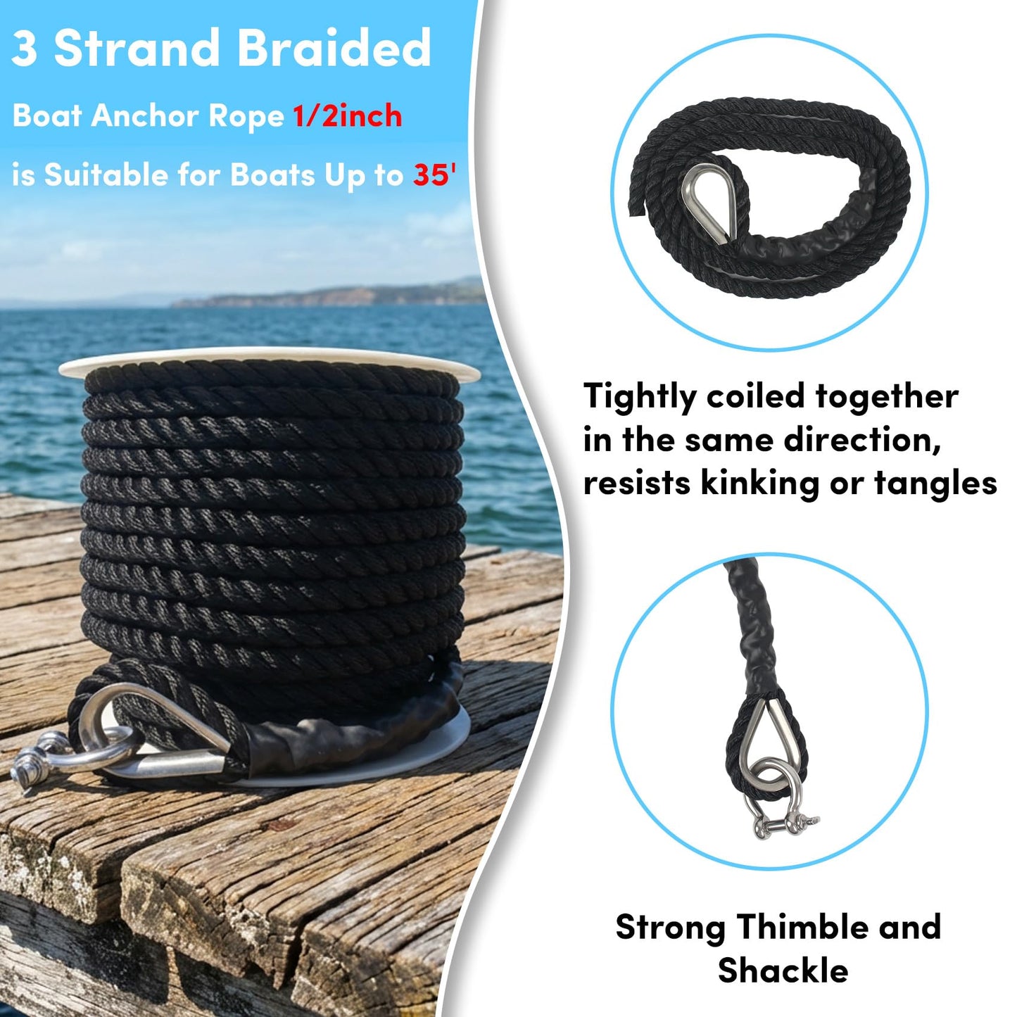 Anchor Rope 1/2 Inch 100 FT, Anchor Line 3 Strand Boat Rope with Stainless Steel Thimble & Shackle, Boat Anchor Rope Ideal for Towing Docking Mooring Boats Up to 35' - Black