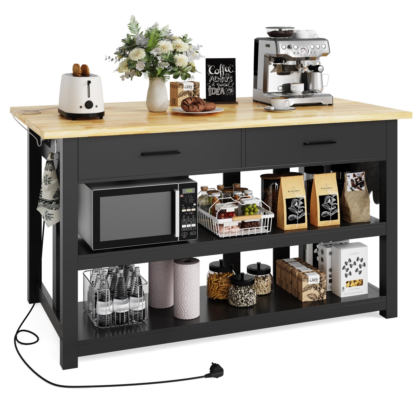 DynJest 47.3" Solid Rubberwood Kitchen Island with Power Outlets - Extra Large Work Surface, 2 Drawers & Open Shelves Storage Cabinet for Kitchen Dining Room, Farmhouse Style (Black)