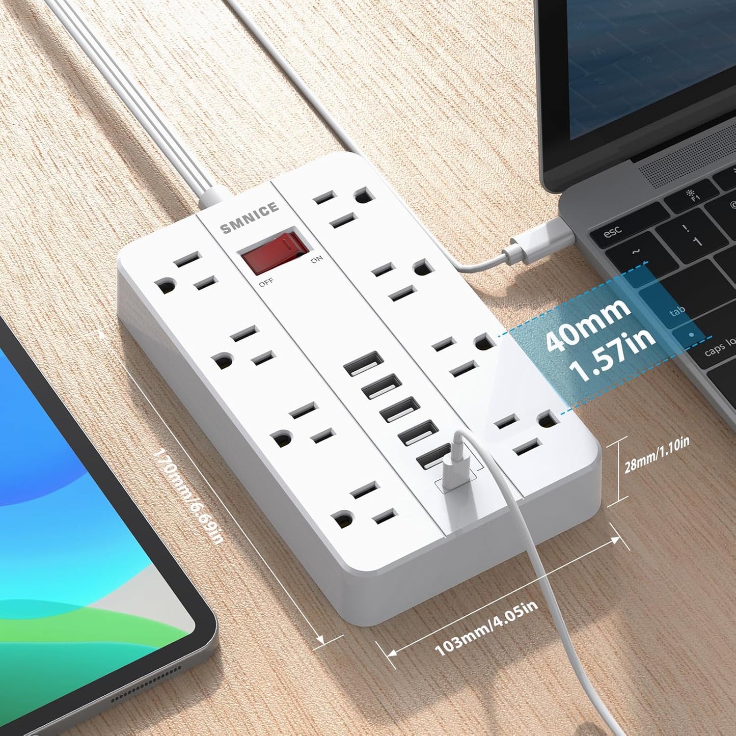 SMNICE 10 8 6USB(1 Power Strip Surge Protector, Flat Plug Long Extension Cord Ft with Widely Spaced Outlets USB C)