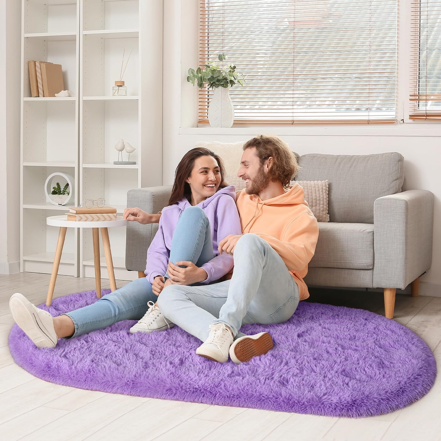 LOCHAS Bedroom Rug 2.6' x 5.3', Purple Fluffy Shaggy Area Rug for Bedroom Bedside, Soft Oval Throw Rugs Carpet for Kids Girls Nursery Living Room Home Decor