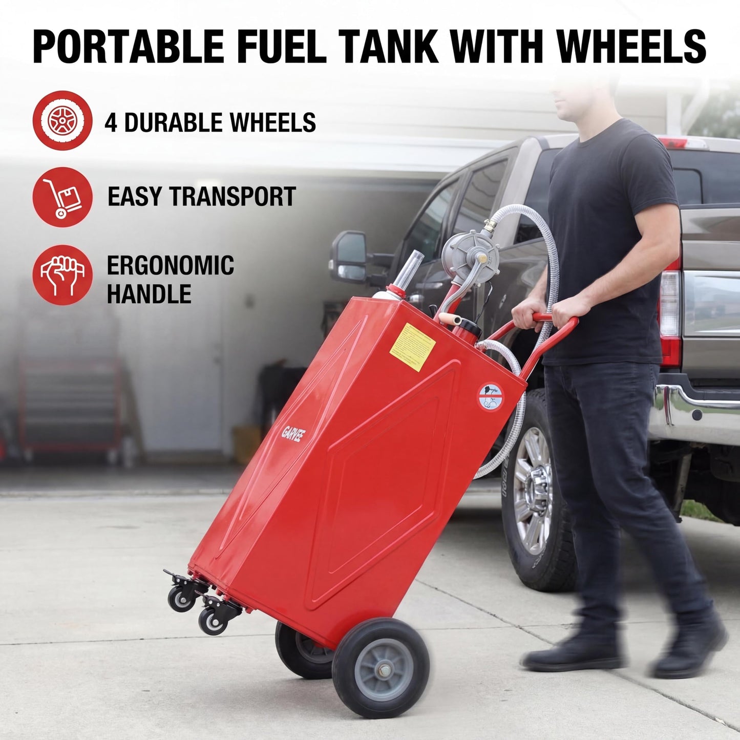 GarveeLife 30 Gallon Heavy-Duty Steel Fuel Caddy, Manual Rotary Pump, Portable Gasoline Transfer Tank for Trucks, Boats, ATVs, Lawn Mowers & Farm Equipment – Red 4-Wheeler