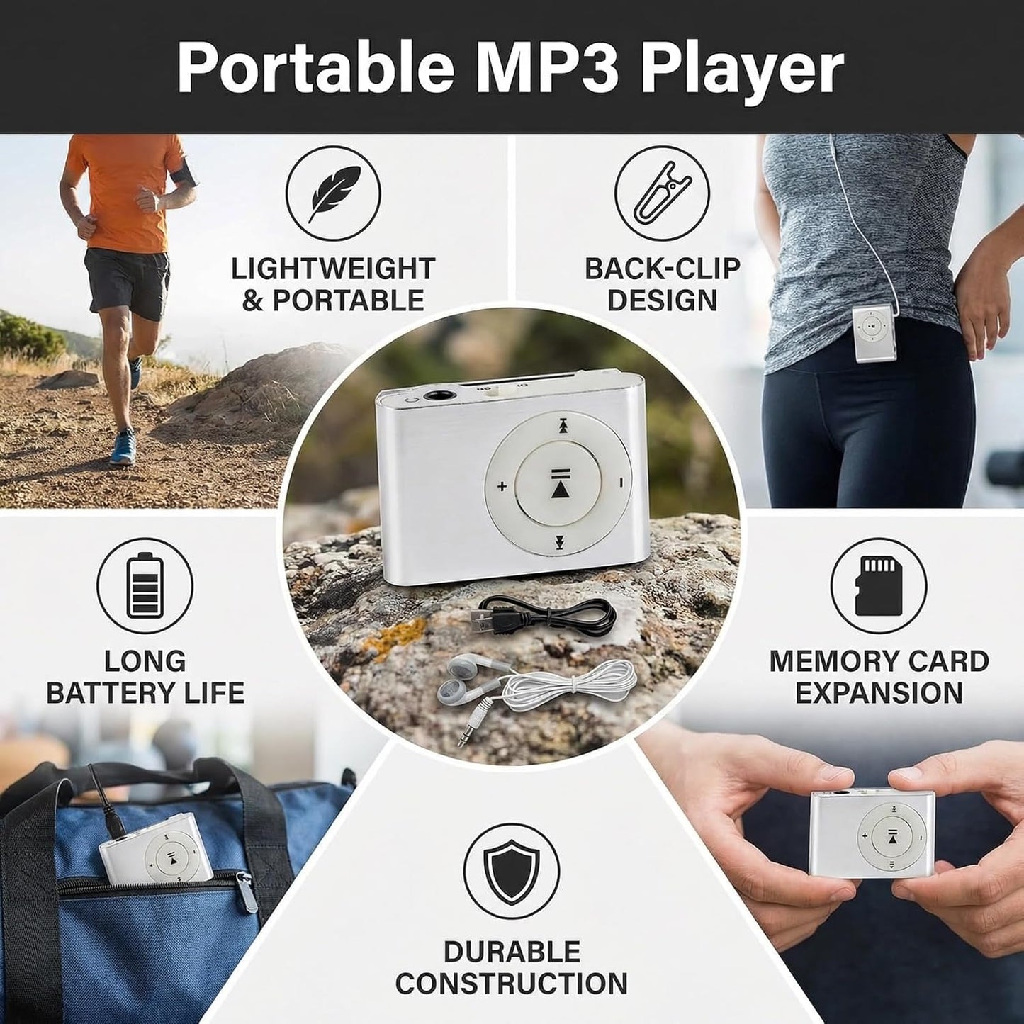 BONKZEBU MP3 Portable Player with Long Battery Life Aluminum Alloy Body Clear Sound Built-in Speaker and Earphones USB
