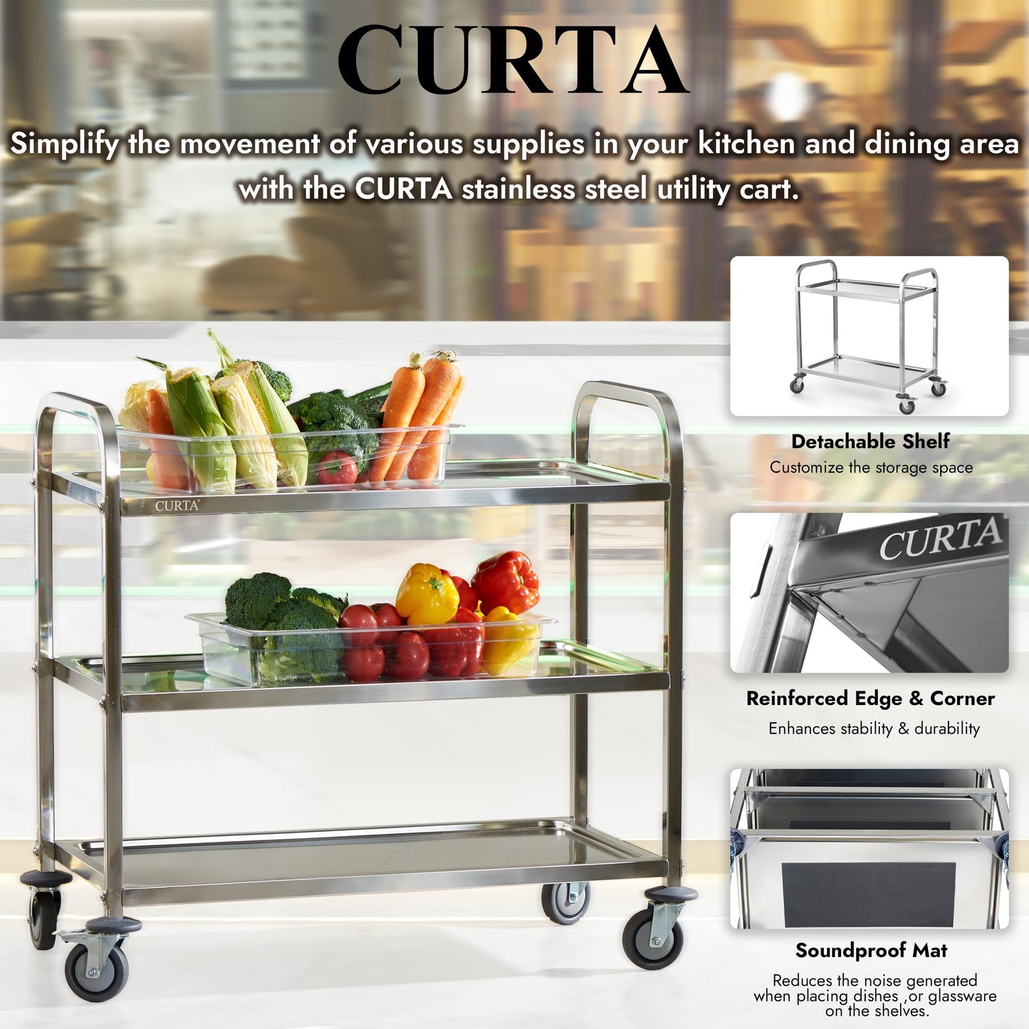 CURTA Stainless Steel Serving Trolley, 34" L x 18" W x 36" H 3 Tiered Shelf Kitchen Utility Cart, Rolling Casters Brake Wheel, Commercial Pro for Restaurant/Hotel/Lab/Clinic/Salon/Workshop
