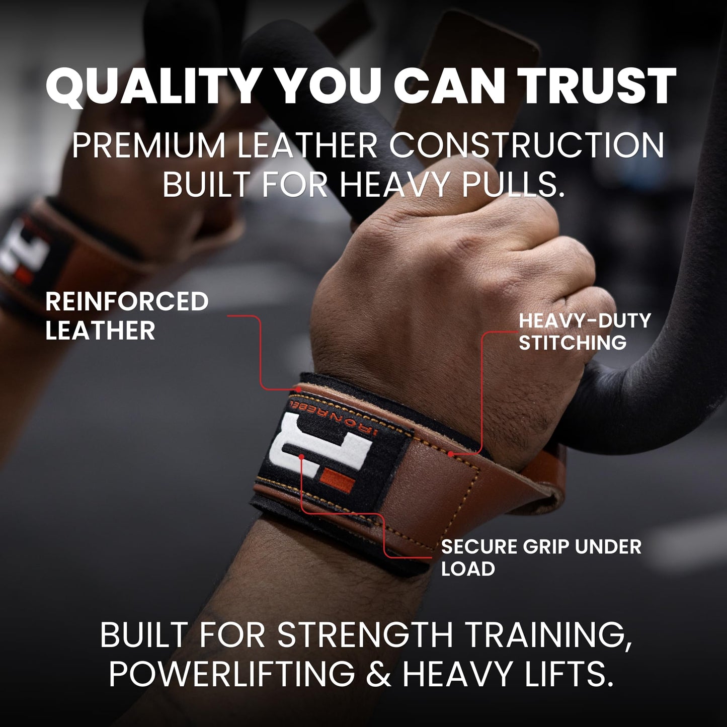 Iron Rebel Leather Lifting Straps (Pair) - Premium Heavy Duty Leather Wrist Straps for Weightlifting, Bodybuilding & Powerlifting - Durable Leather Gym Straps for Deadlifts & Pull-Ups - Men & Women