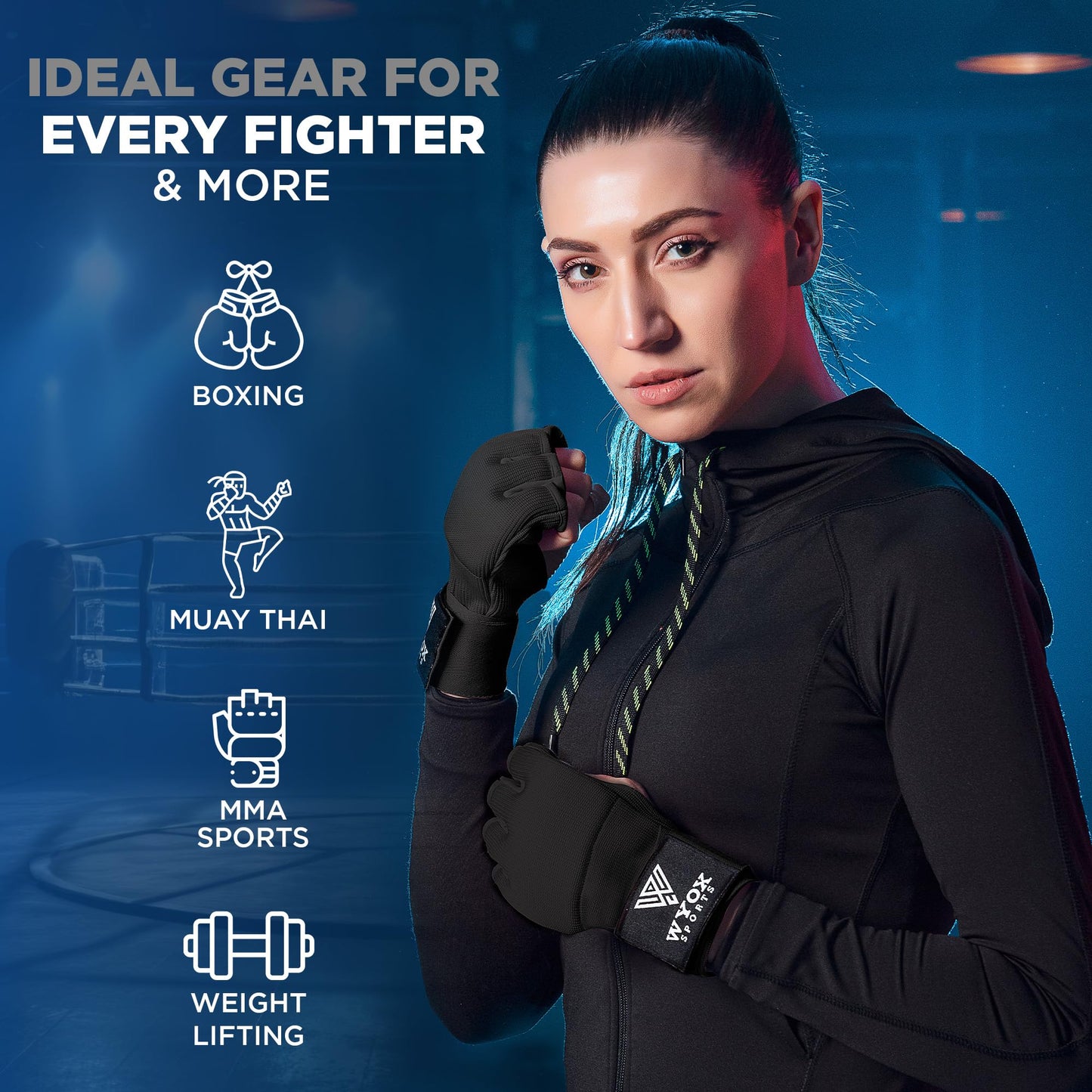 WYOX Gel Boxing Hand Wraps Inner Gloves for Men & Women – 80cm Quick Wrist Strap, Padded Knuckle Support, Fingerless MMA Muay Thai Kickboxing Wraps for Training, Punching & Martial Arts