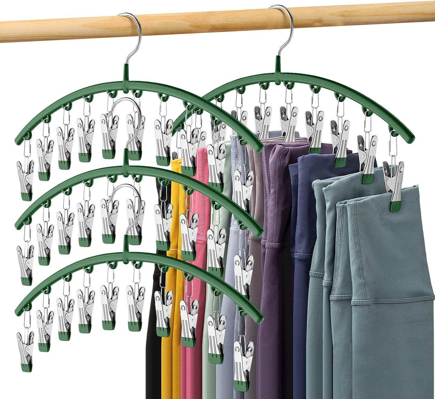 Skiennix Legging Organizer - Space-Saving Metal Yoga Pants Hangers | 4 Pack with 10 Clips, Green