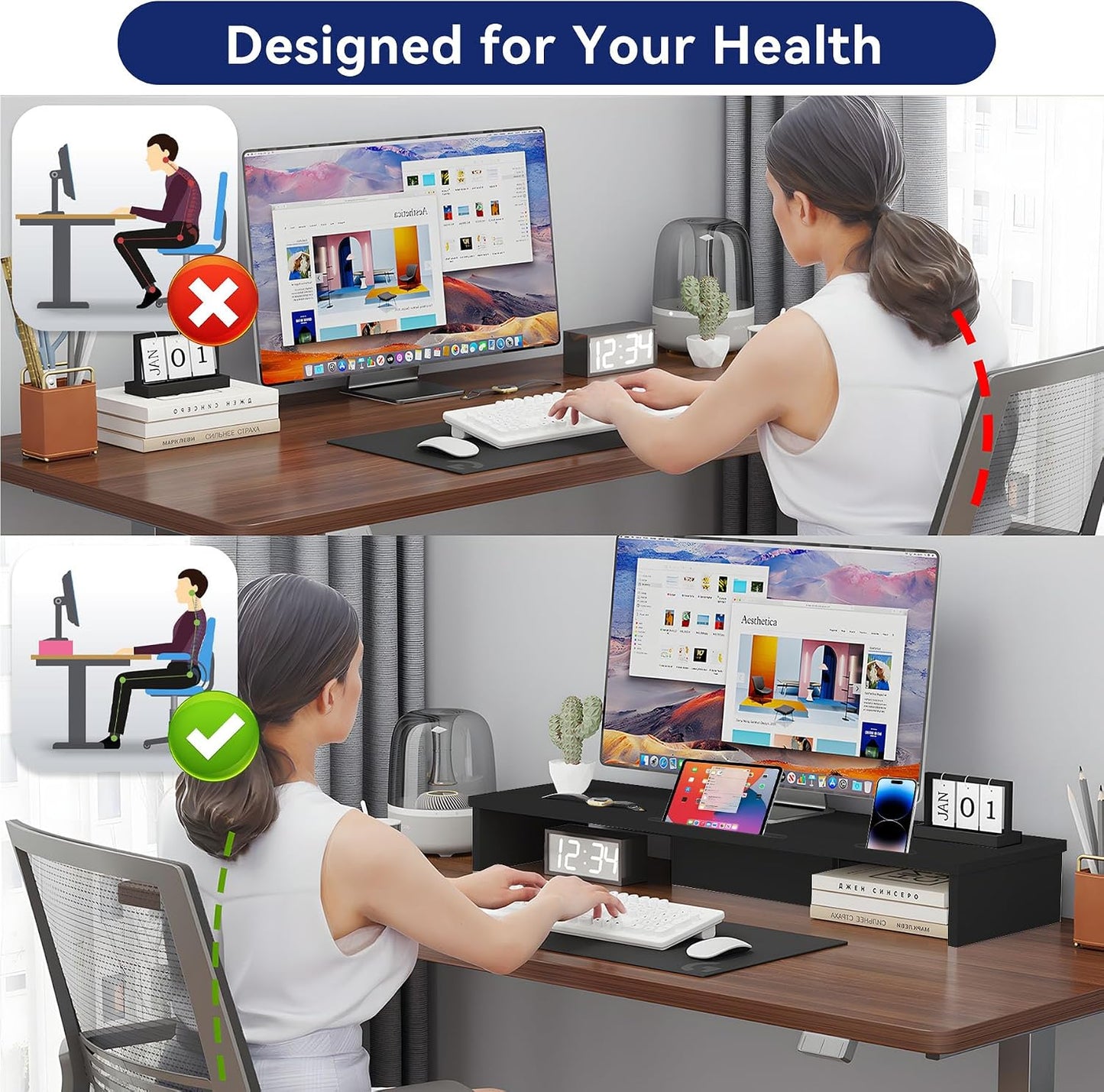 35.8in 2 Dual Monitor Stand Riser with Phone Tablet Holder, Large Monitor Stand for Desk, Computer Monitor Stand