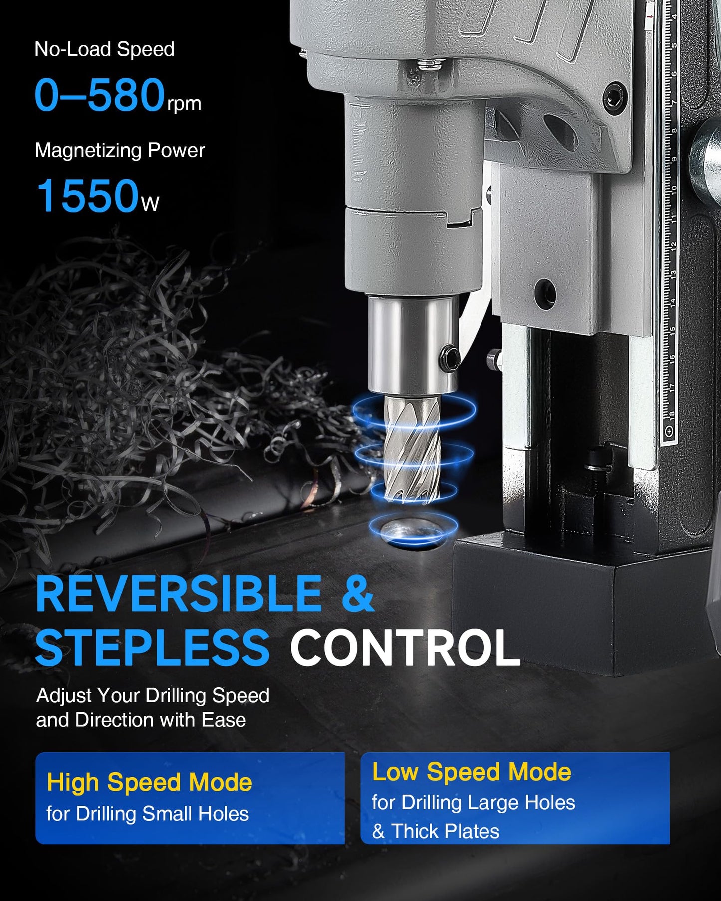 ZELCAN Mag Drill Press with 11 Pcs Bits, 1550W Portable Magnetic Drill Press with 2" Boring Diameter, 0-580 rpm Stepless Speed & Reversible Direction, 2922 lbf Power Magnetic for Metal Surface