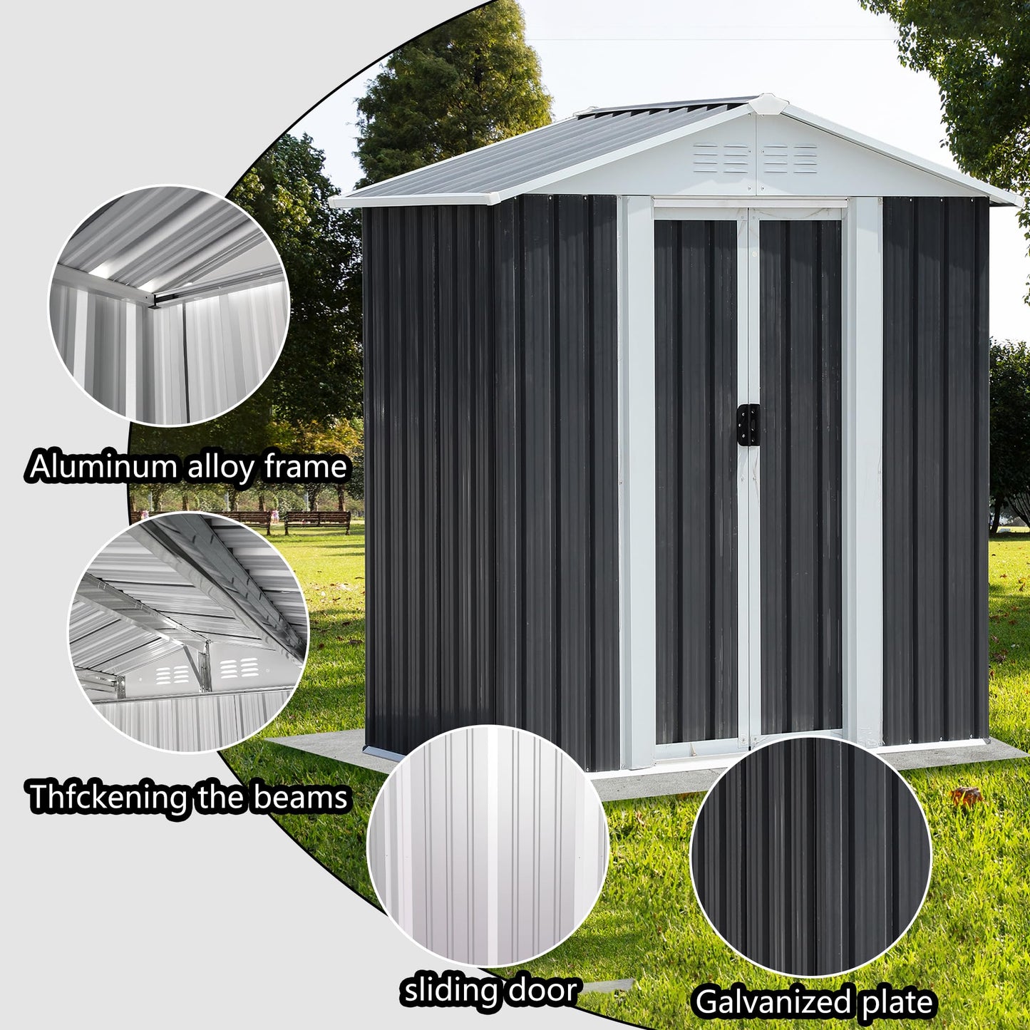 KEIKI 5x3FT Outdoor Storage Shed, Heavy-Duty Metal Storage Shed with Floor & Lockable Sliding Doors, Waterproof Tool Sheds for Garden, Backyard, Patio, Lawn
