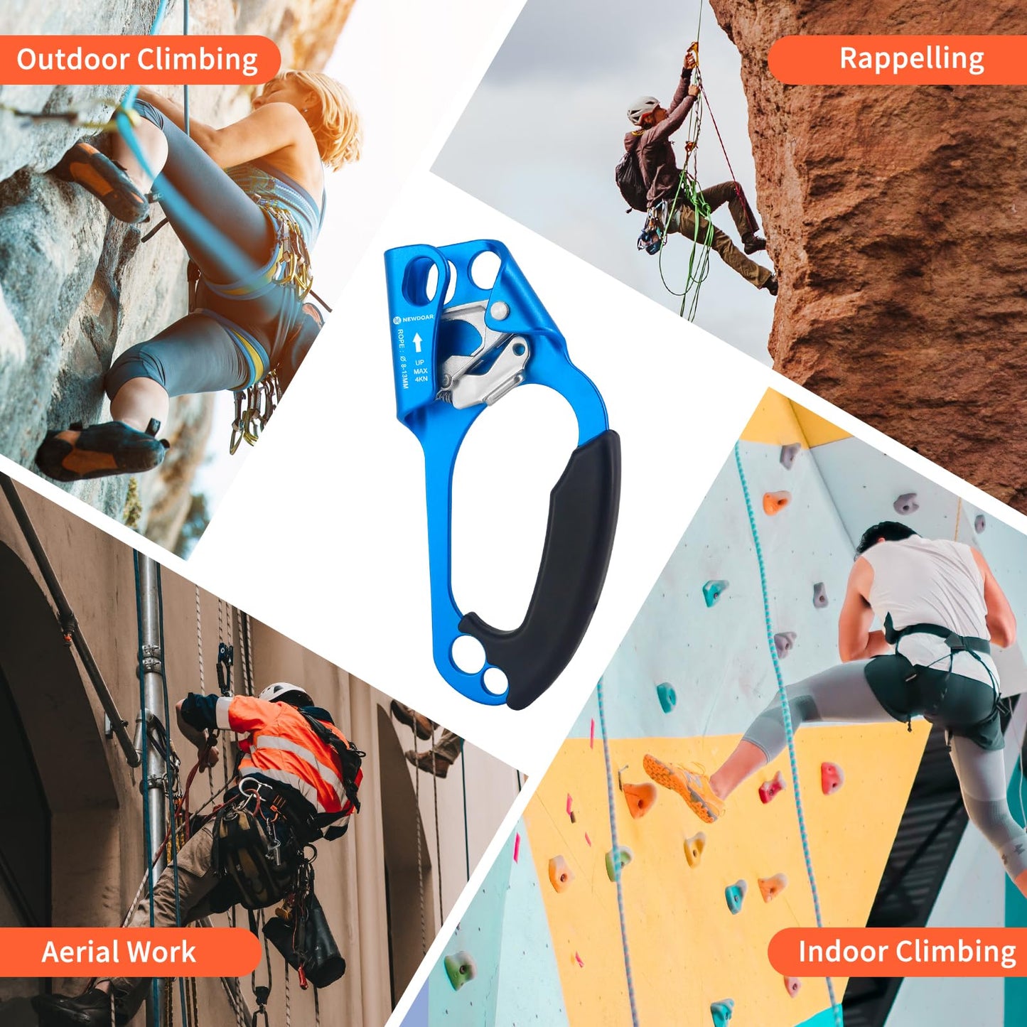 NewDoar Right Hand Ascender Rock Climbing Tree Arborist Rappelling Gear Equipment CE Certified Rope Clamp for 8~13MM Rope(Blue-Right)