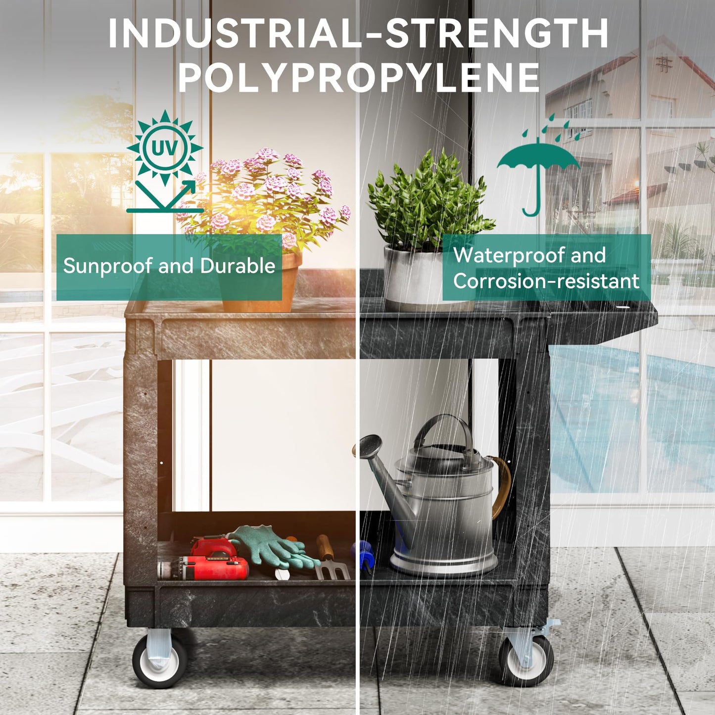 YITAHOME 2 Tier Heavy Duty Plastic Utility Cart 45 x 25 Inch, Rolling Work Cart w/Deep Shelves & 360° Swivel Wheels(2 Brake), Plastic Tool Cart Suitable for Warehouse, Garage, Office, Cleaning, Black