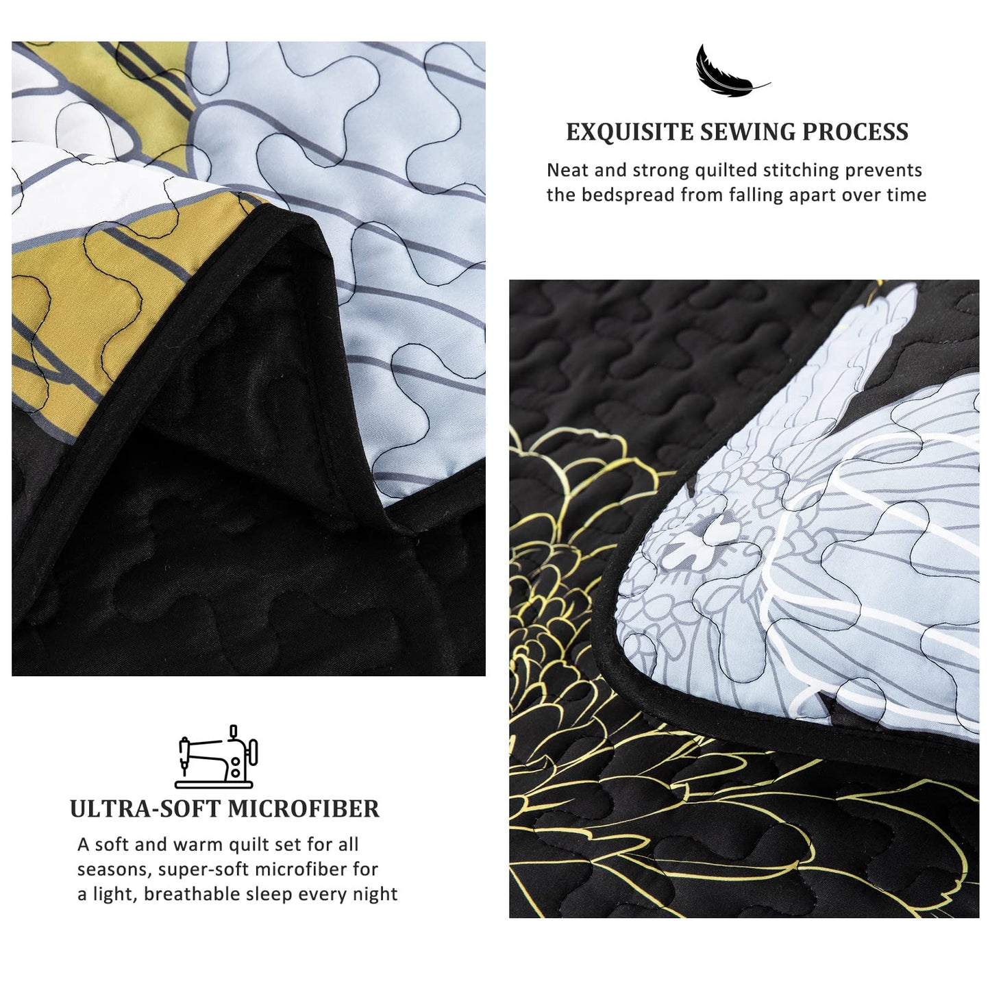 Yellow Floral Quilts California King Size Coverlet Set - 3 Pieces Lightweight Black Cal King Bedspread with 2 Pillowcases - All Season Soft Microfiber Reversible Bedding Quilt Set (Yellow/Black)