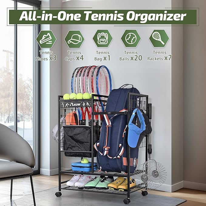 PLKOW Tennis Bag Organizer Tennis Racket Storage Rack, Tennis Equipment Holder for Bags, Balls, Racquet & Accessories, Versatile Gear Organizer for Garage, Club, or School
