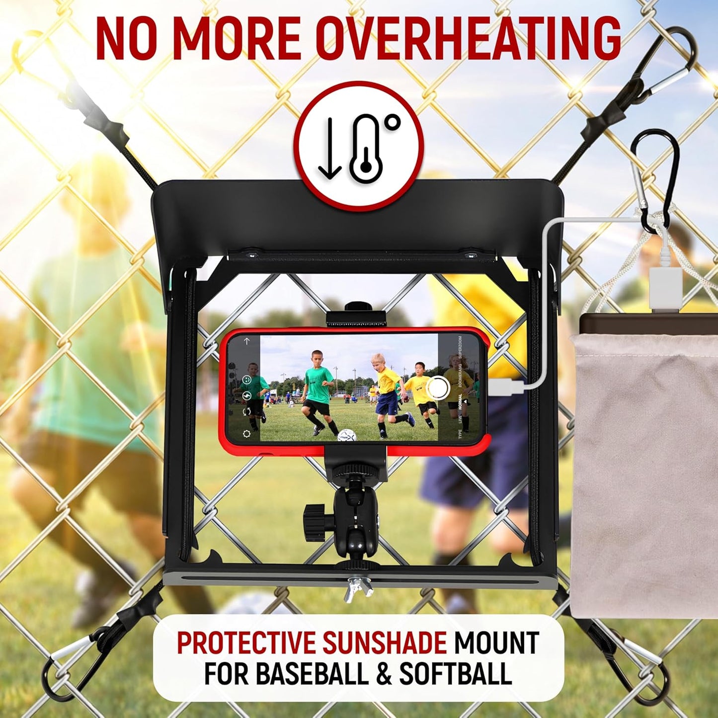 Cell Phone Fence Mount with Sunshade, Aluminum Fence Camera Mount Holder for Streaming & Recording Games, Anti-Overheat