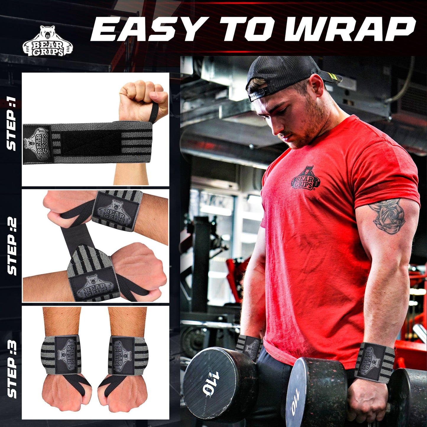 Bear Grips Extra Strength Gym Wrist Wraps for Weightlifting | 2 Wrist Wraps Per Pack | 12" & 18" | Unisex