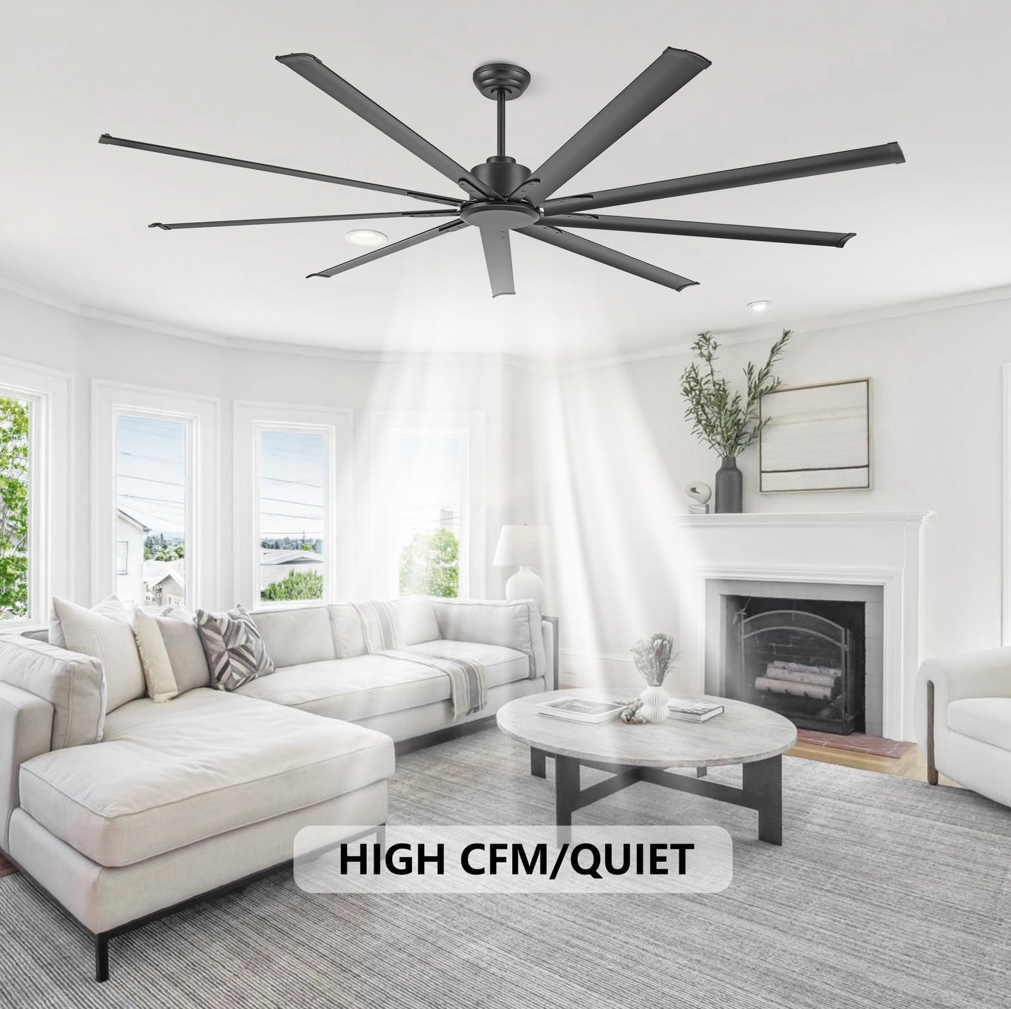 WINGBO Black Industrial Ceiling Fan No Light 120", 9 Aluminum Blades, 6 Speed Remote Control, Reversible DC Motor, for Home and Commercial Use, Living Room/Shop/Warehouse