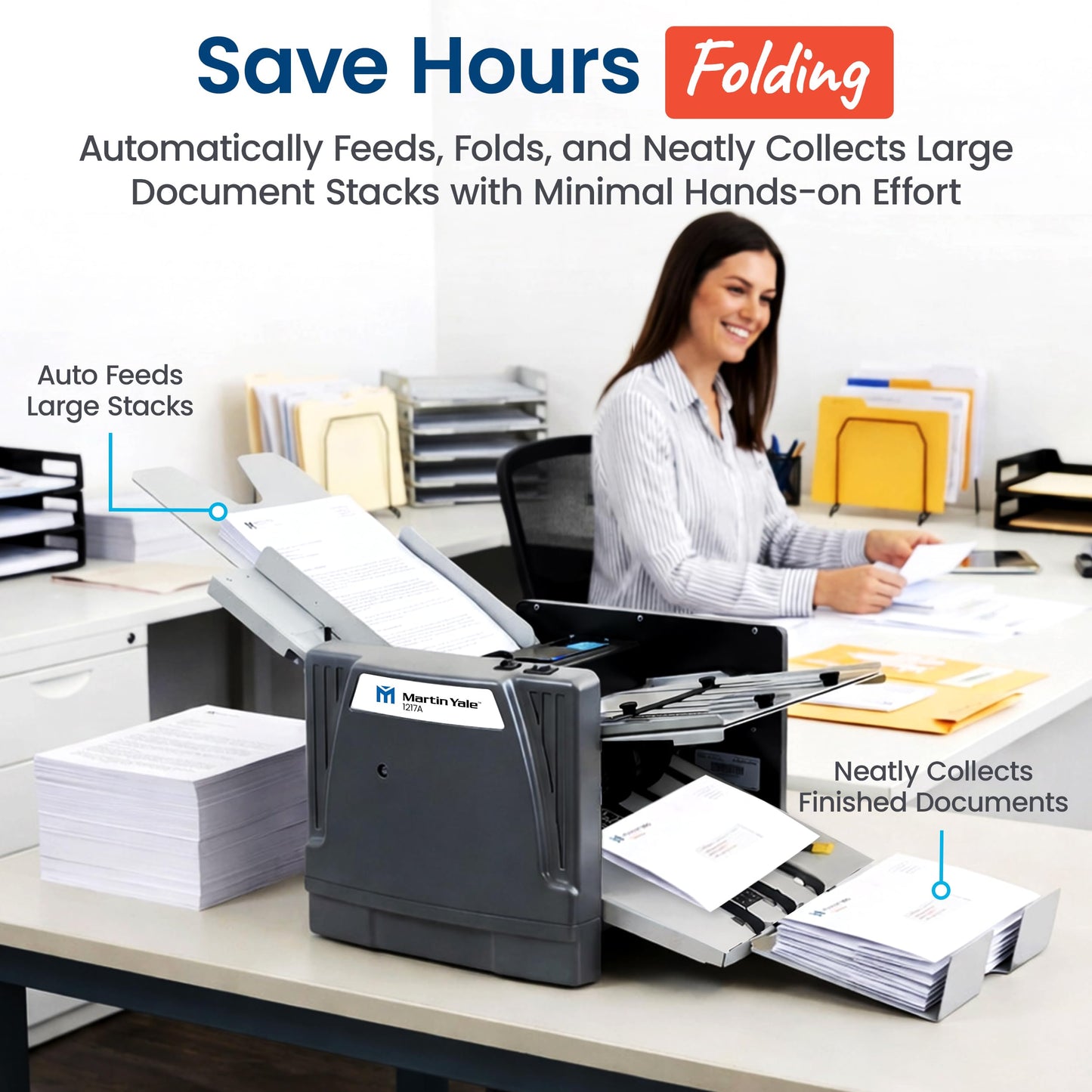 Martin Yale 1217A Automatic Paper Folder Machine, Medium Duty Auto Feed Document Folder for Offices, Schools, Mailrooms, and Churches, 7 Fold Types, 250 Sheet Capacity, Up to 10,300 Sheets per Hour