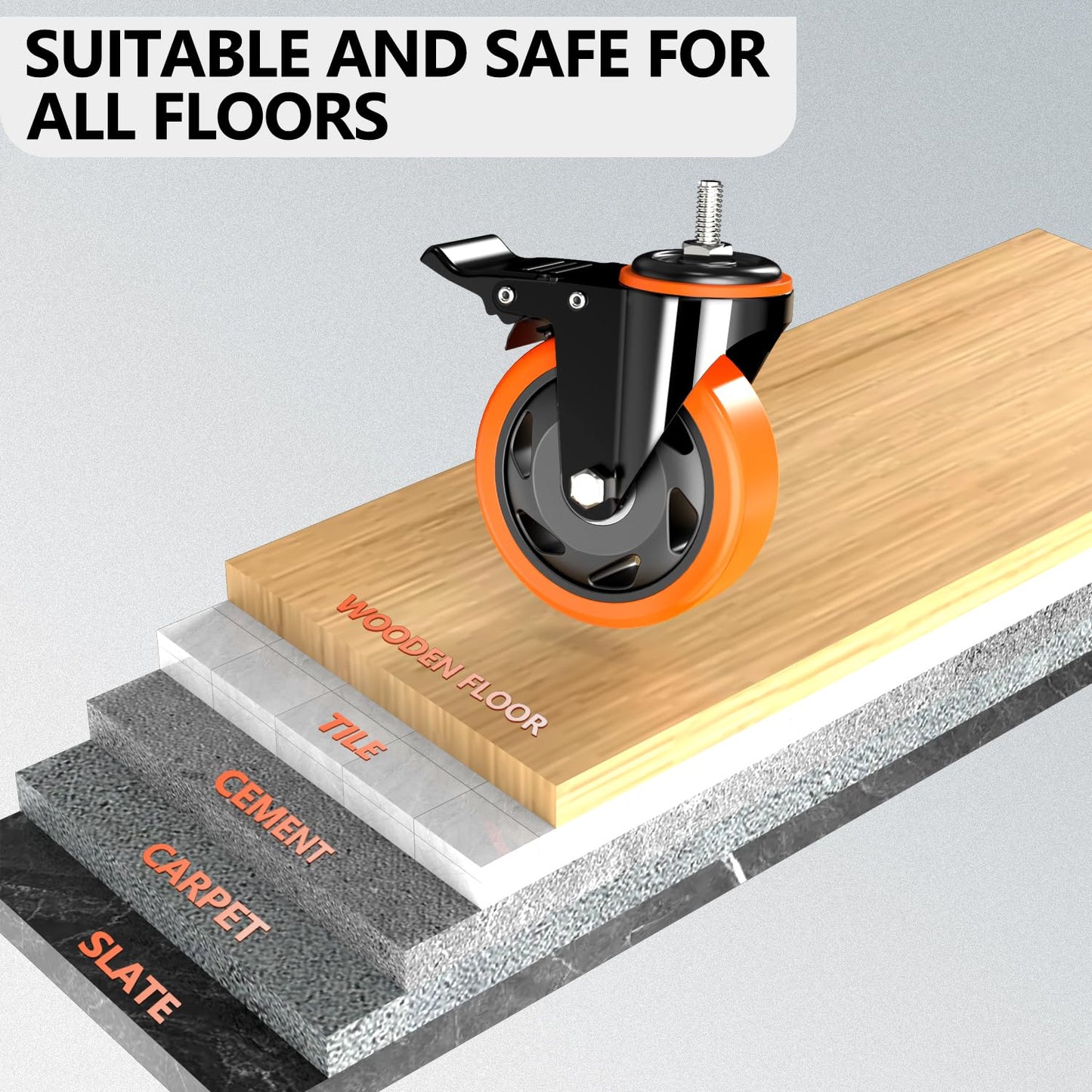 4 inch Stem Caster Wheels 2000lbs, Threaded Stem Casters Set of 4 Heavy Duty,3/8"-16 x 1(Stem Diameter 3/8", Length 1"), Safety Dual Locking Caster, Industrial Castor Wheels for Cart,Furniture