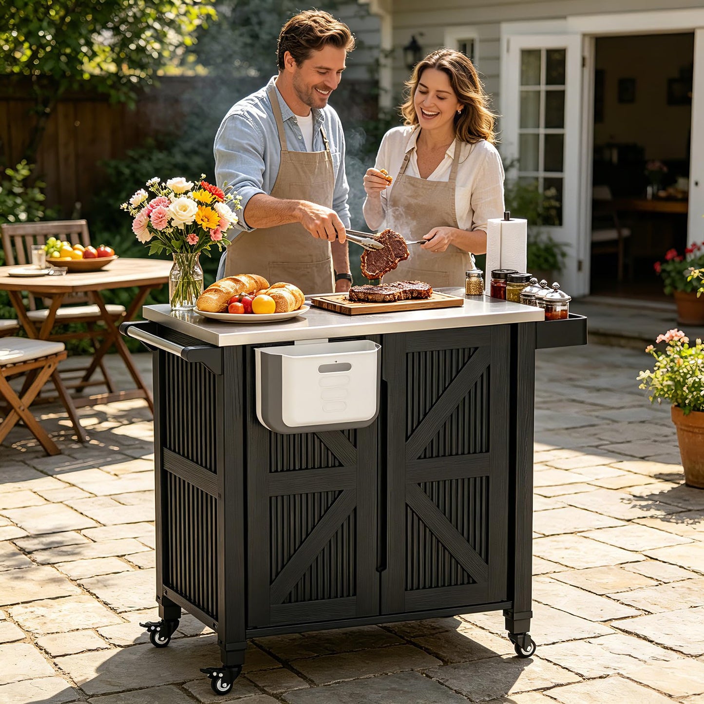evixor Outdoor Grill Cart with Stainless Steel Tabletop, Outdoor Kitchen Island with Storage Cabinet, Grill Cart with Folding Trash Can, 4 Wheels (2 Lockable) for Patio, Backyard, Garden and Poolside