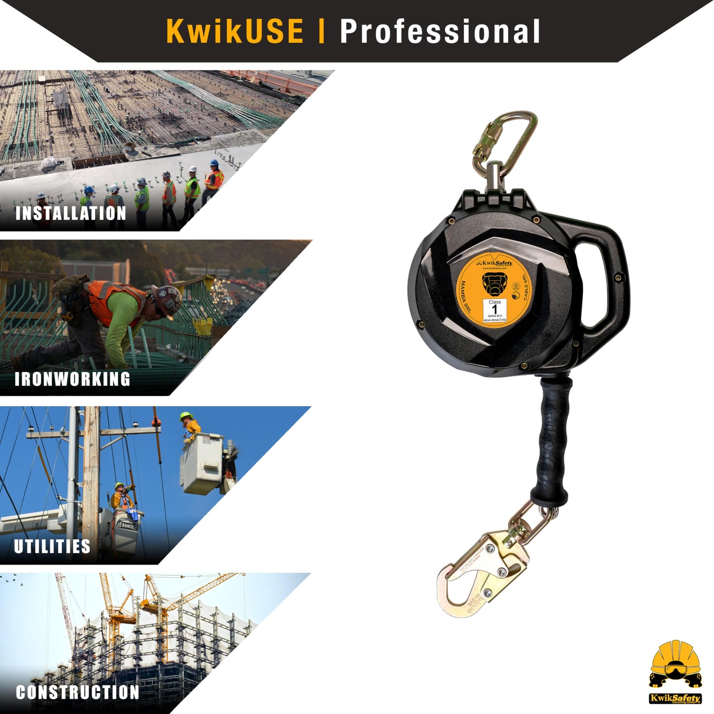 KwikSafety - Charlotte, NC - Mamba 50’ Self Retracting Lifeline [Carbonate + Integrated Handle] Class 1 Cable SRL ANSI OSHA Retractable Fall Arrest Safety Roofing Construction Gear