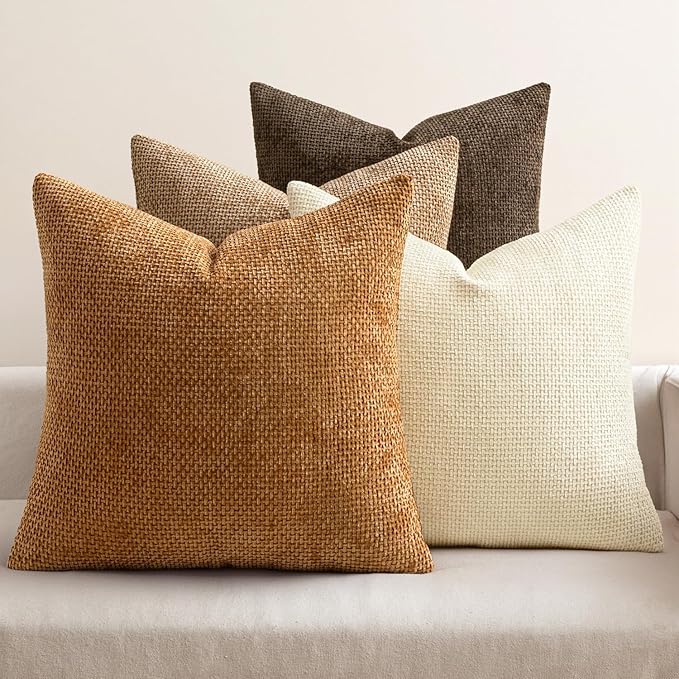 MIULEE Pack of 4 Brown Couch Throw Pillow Covers 22x22 Inch Soft Decorative Chenille Pillows Farmhouse Accent Cushions for Boho Home Decor Spring Sofa Bedroom Living Room