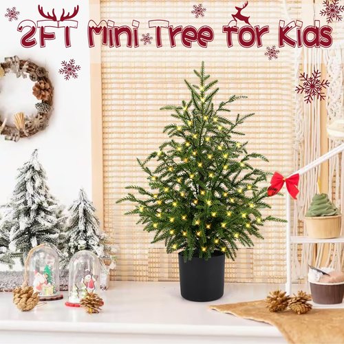 ENVEN 2FT Artificial Norfolk Pine Christmas Tree – Tabletop Faux Tree Unlit/Prelit with 50 LED Lights & 8-Function Battery Box, Pre-Assembled Holiday Decor for Home or Office (Prelit-2FT-1Pack)