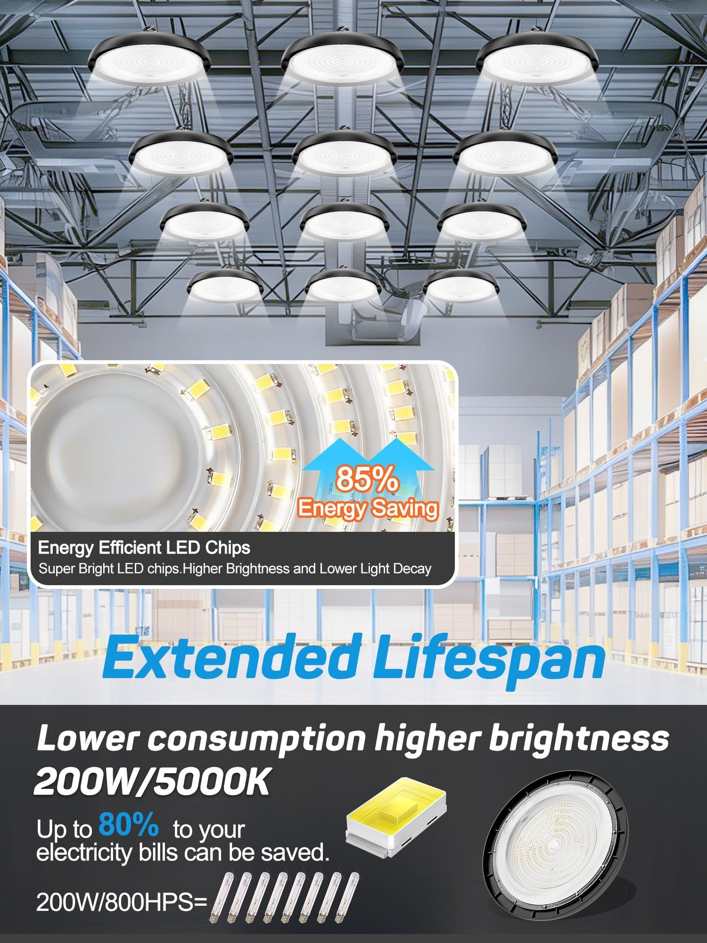 YAHOLUMIN 6Pack 200W UFO LED High Bay Lights, Ultra Bright 30000LM 5000K Daylight High Bay LED Shop Lights for Warehouse Workshop Garage with US Plug & Safety Rope Commercial Bay Lighting