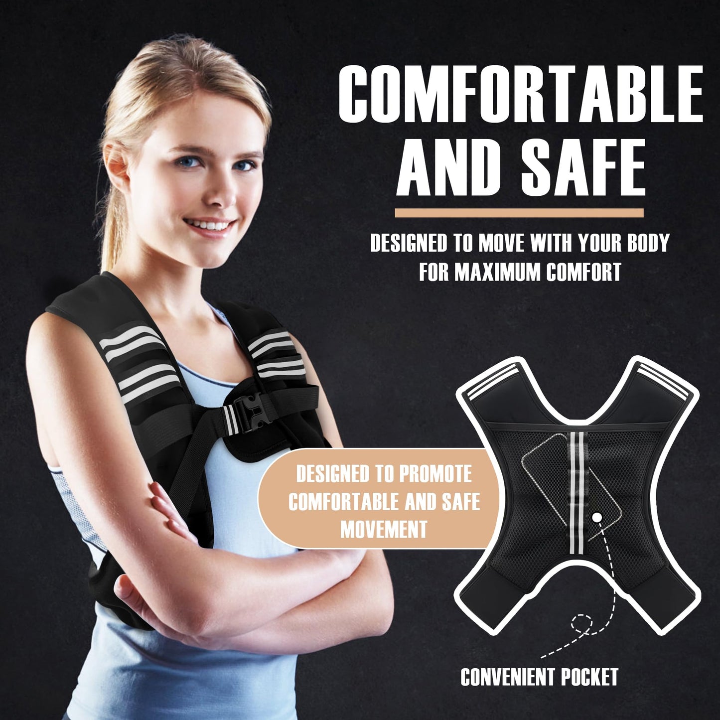 NATURELUX Weighted Vest with Reflective Stripe and Adjustable Buckle Straps, Black, 10 lbs