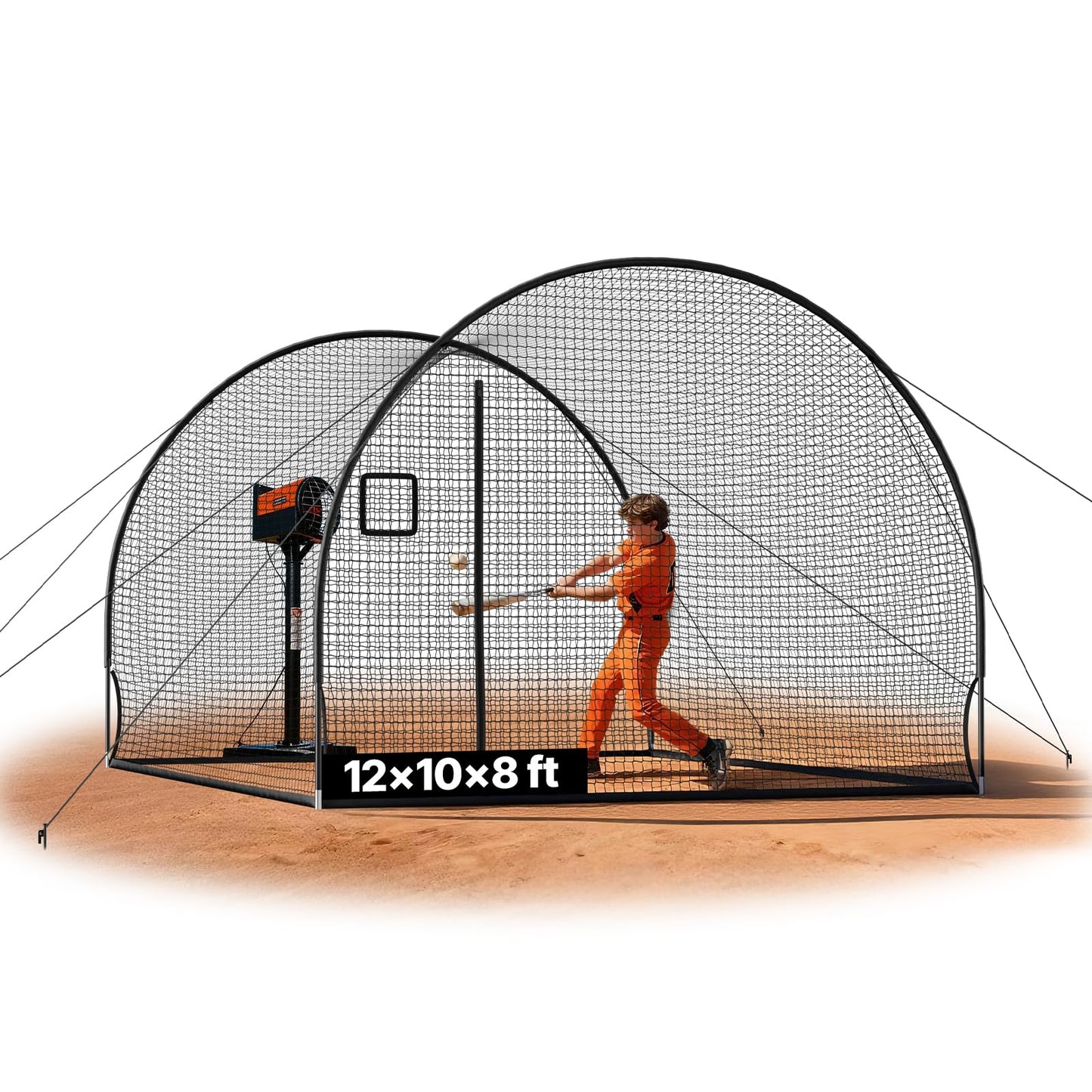 VEVOR Baseball Batting Cage, 12.0 x 10.2 x 7.6 FT Freestanding Portable Batting Cage, Hitting Cages with 4-Ply Knotless Polyester & Pitching Machine Opening, Battings Cages Netting for Outdoor