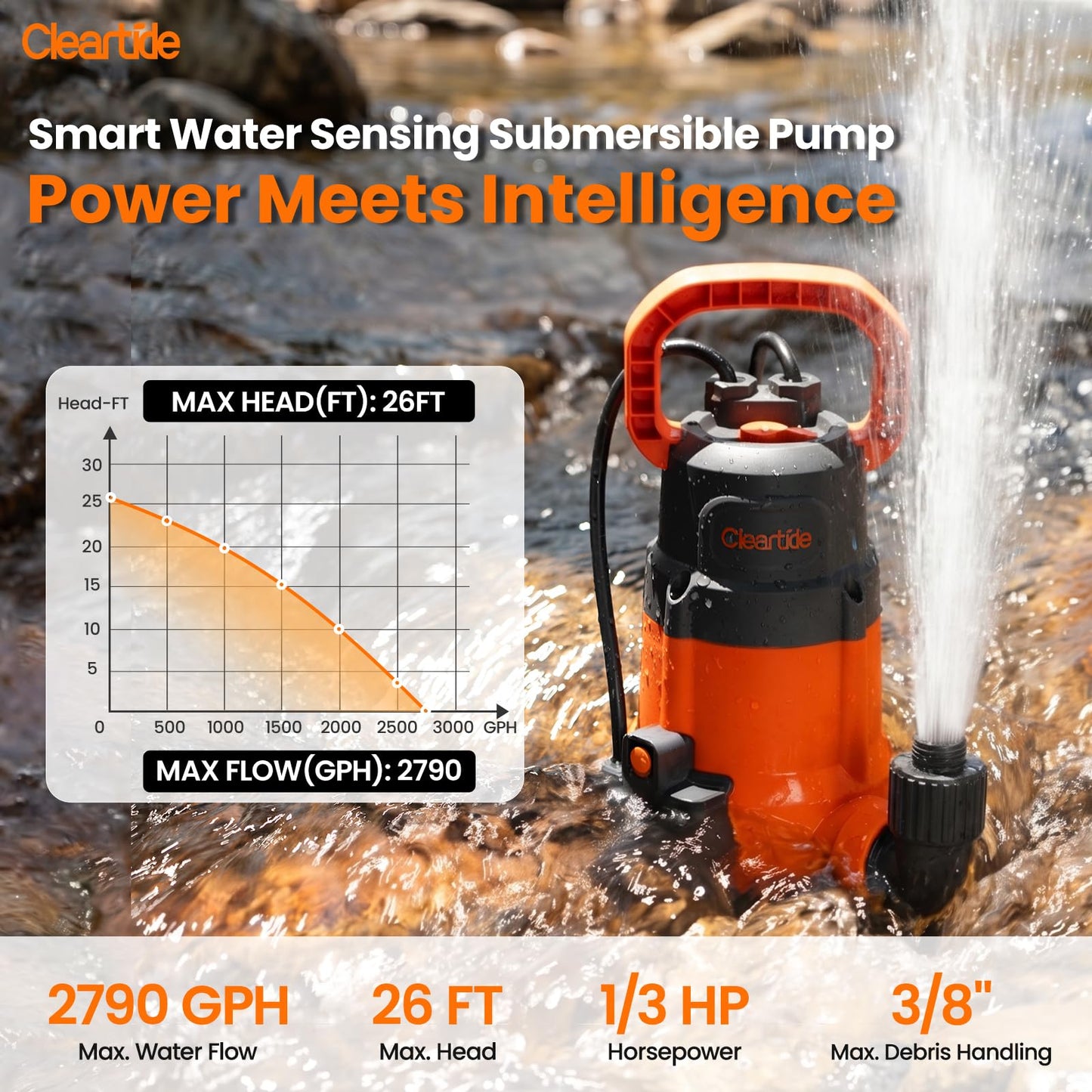 Cleartide 1/3 HP Submersible Utility Pump, 2790 GPH High Flow, Portable Sump Pump with Auto Water Sensor, Ideal for Flooded Basement & Yard, Hot Tub, Pond and Garden Draining