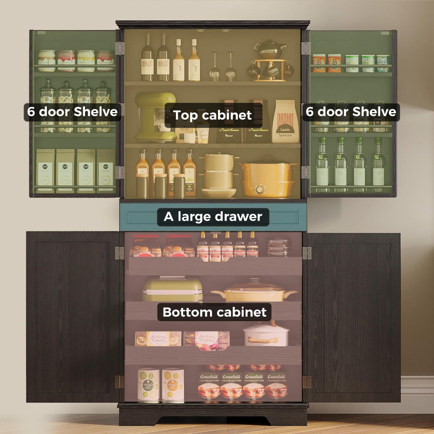 IRONCK Farmhouse Kitchen Pantry Cabinet, 72" Height Tall Freestanding Cupboard with Sliding Storage Rack and 6 Hanging Shelves for Kitchen, Dining Room, Black