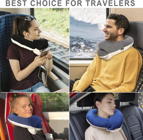 BUYUE Travel Neck Pillow - 360° Head Support for Comfortable Long Flights | Skin-Friendly, Navy, Adult Set with Eye Mask & Earplugs