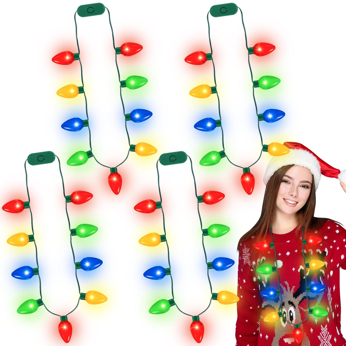 QZYL 16 Pcs Christmas Light Up Necklace, Colorful Christmas Necklaces Bulk, 9 LED Bulbs Novelty Christmas Lights with 3 Flash Modes, Perfect for Xmas New Year Eve Party Favor Supplies Accessories