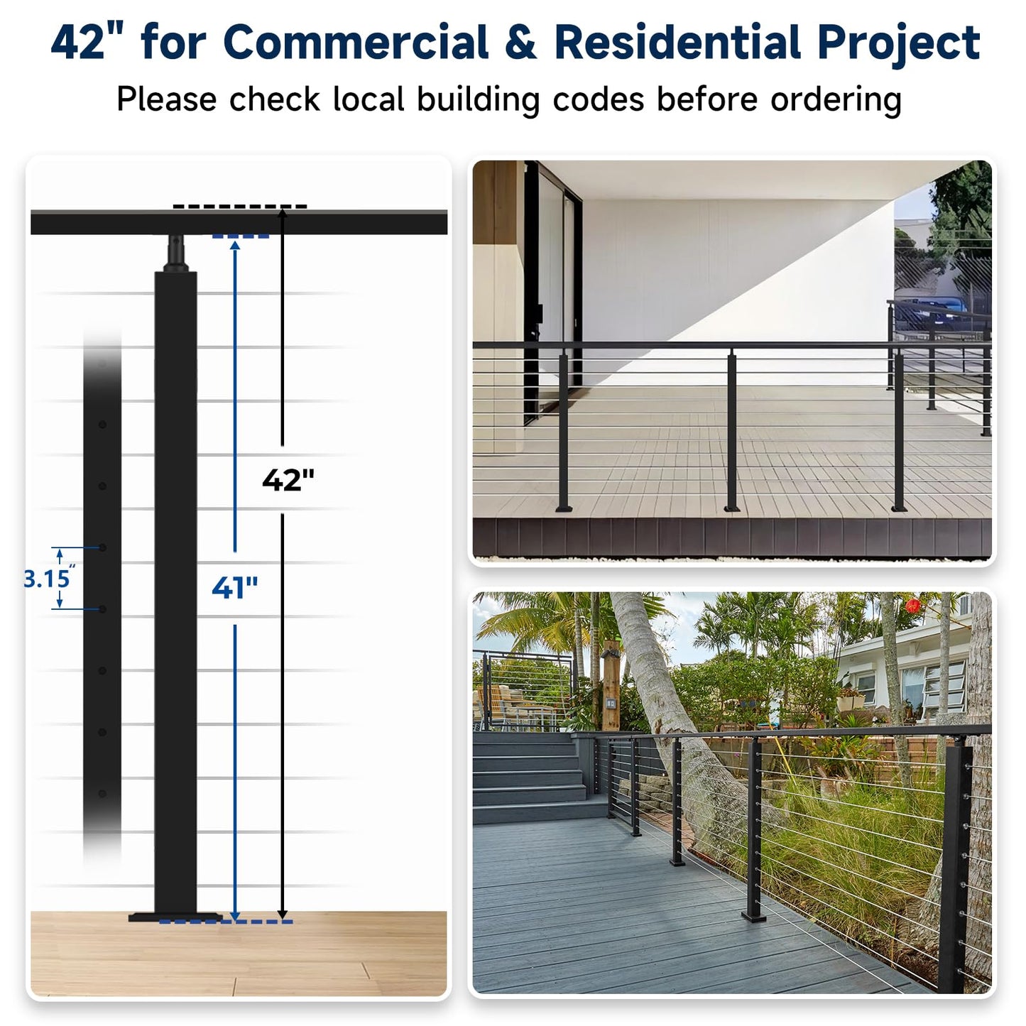 Gyykzz 42" Modular Cable Railing Post Kits 4 Pack, Adjustable Top Level Drilled Deck Post, Cable Railing System Including 4 Railing Post, 197ft Cable, 24 Terminal, 96 Cable Grommets (No Handrail)