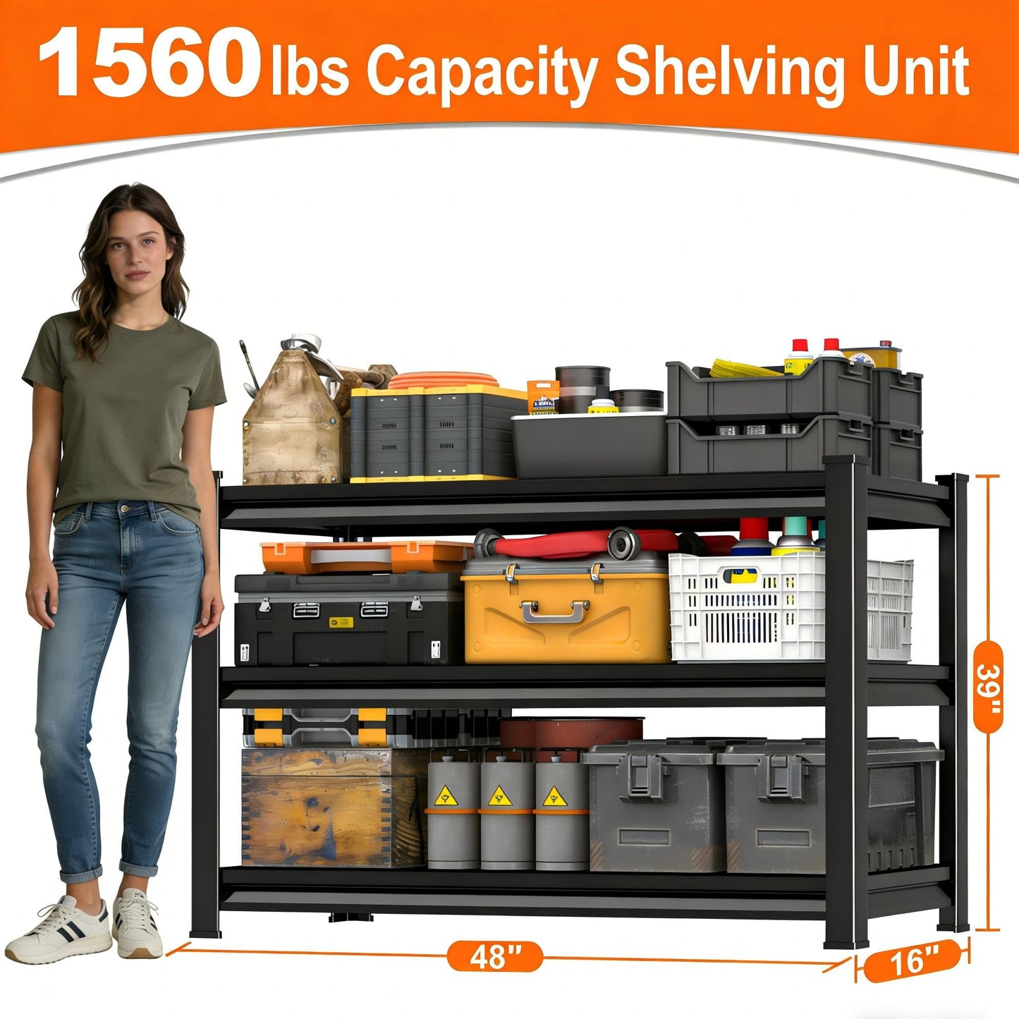 Huhaneon Metal Garage Shelving for Storage - 48'' Wide 1,560 Lbs Heavy Duty 3 Tier Utility Shelves Adjustable - Freestanding Rack Units for Kitchen Pantry Basement - Black 48" W x 16" D x 39" H