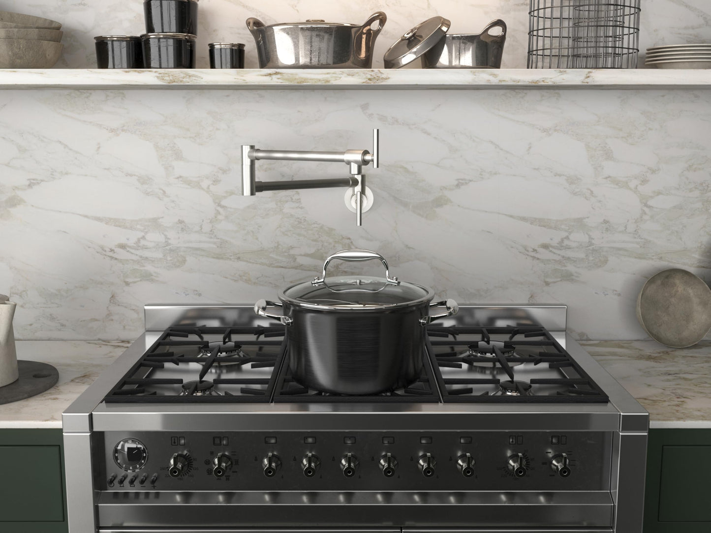 ANZZI 24-Inch Wall Mounted Pot Filler in Brushed Nickel | 24-Reach Spout Solid Brass Two Handle Dual Shut-Off Valve Double Joint Swing Arm Wall Mount Kitchen Folding Faucet | KF-AZ258BN