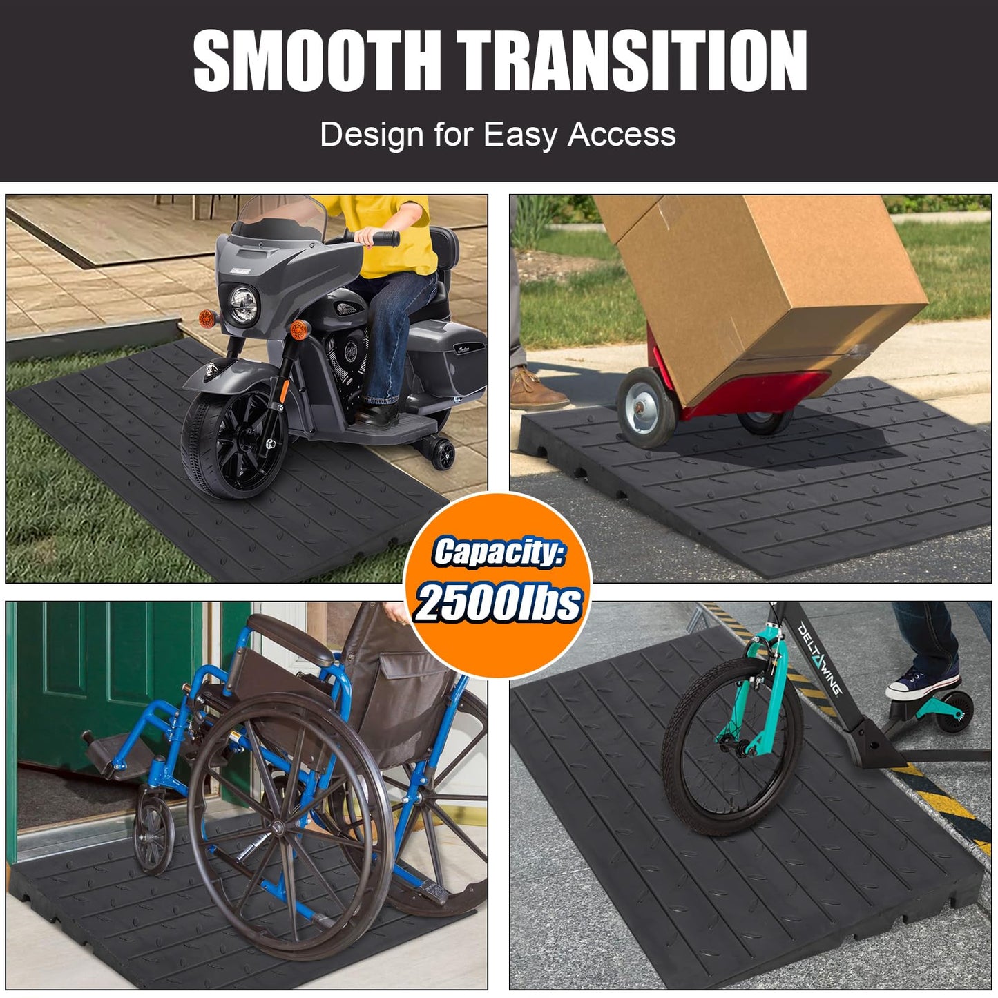 Towallmark Rubber Threshold Ramp, 3'' Rise Portable Wheelchair Ramp for Home Steps, 2500LBS Capacity Curb Ramp Handicap Ramps for Wheelchairs Driveway Mobility Scooters with 3 Channels Cord Cover