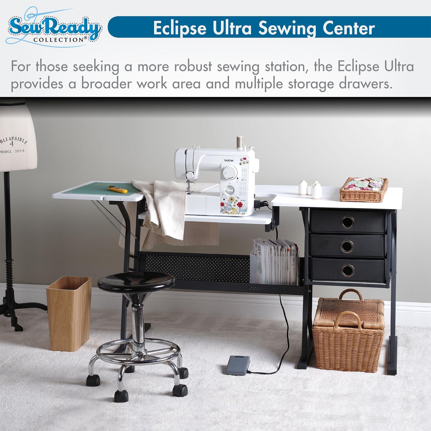 Sew Ready Eclipse Hobby Sewing Table, 60.25 x 23.75" Overall Platform Size with Large Lower Storage Drawer, 2 Side Shelves & Cloth Drawer, Black/White