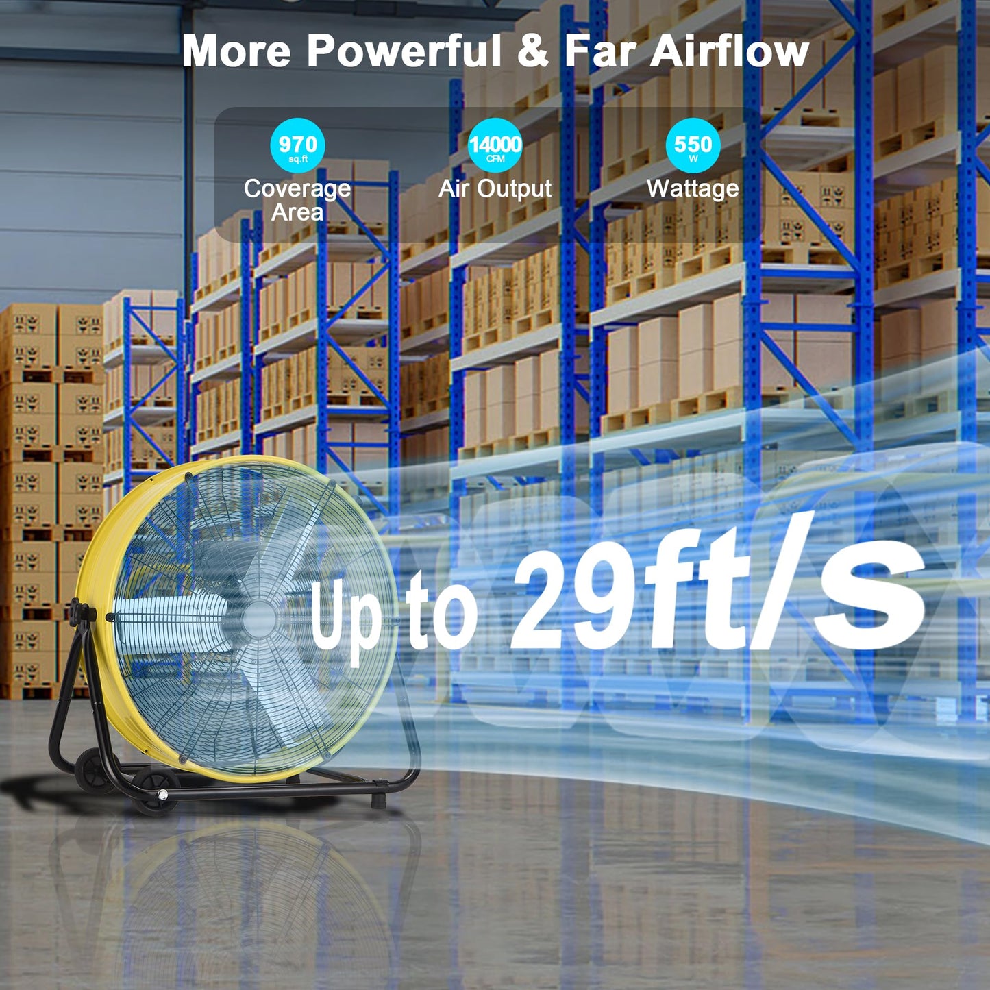KEGIAN 30" Industrial Floor Fan, 14000 CFM High Velocity Drum Shop Fan, Heavy Duty, 3-Speed, 360° Fully Adjustable Tilt, Portable Wheels & Handle for Commercial, Warehouse, Garage, Workshop, Gym-ETL